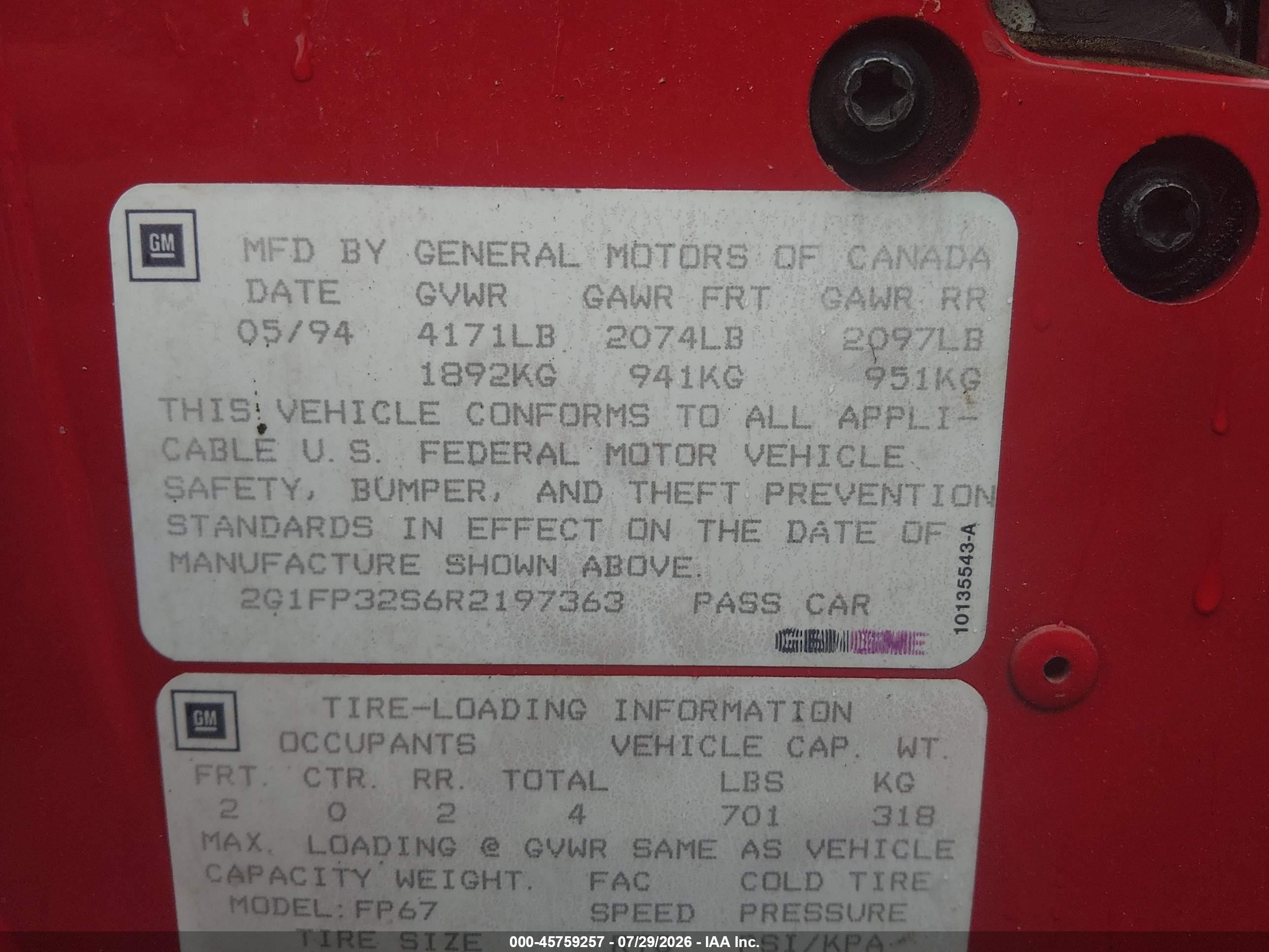1994 Chevrolet Camaro   Red vin: 2G1FP32S6R2197363