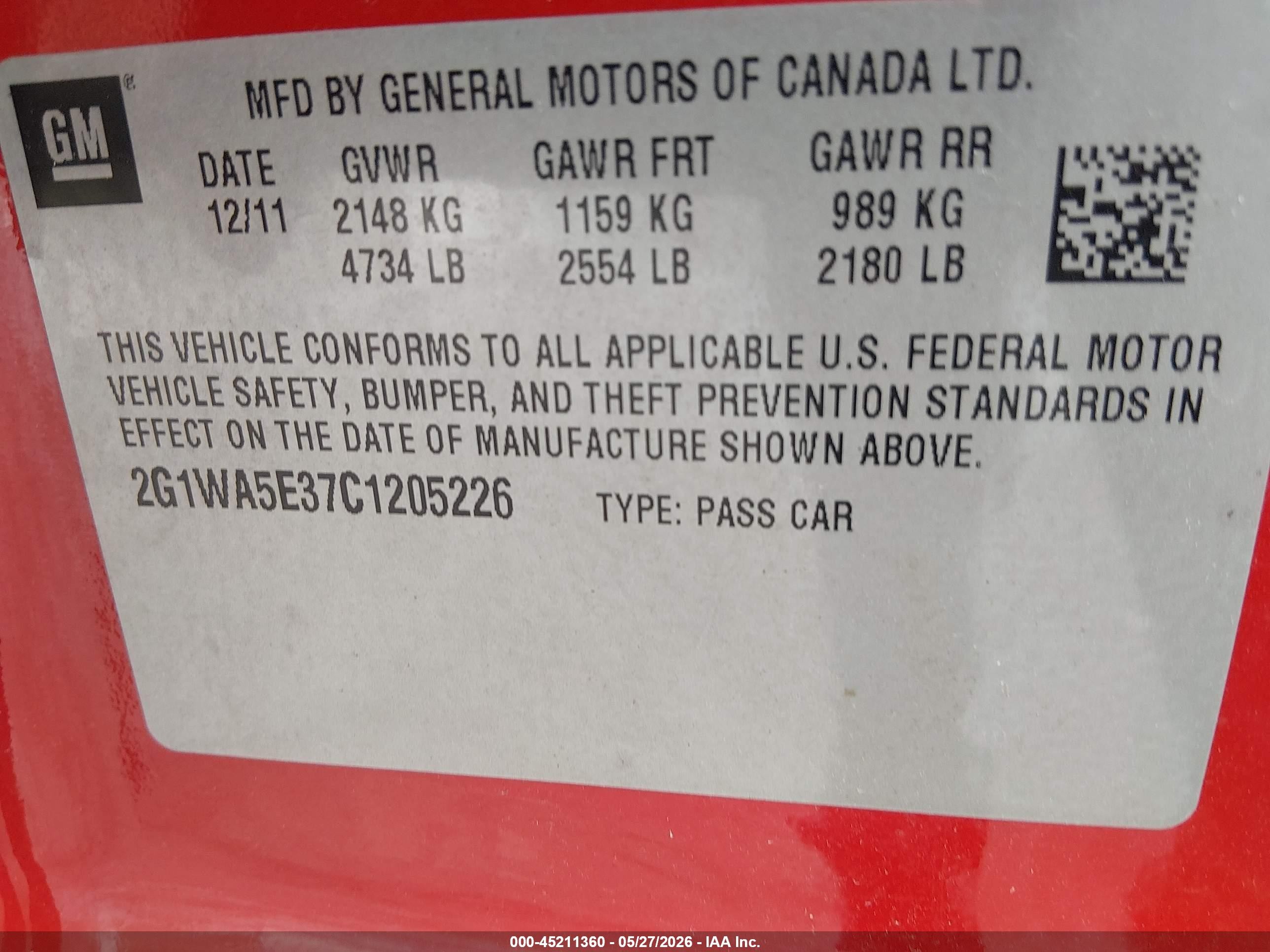 2012 Chevrolet Impala Ls Red vin: 2G1WA5E37C1205226