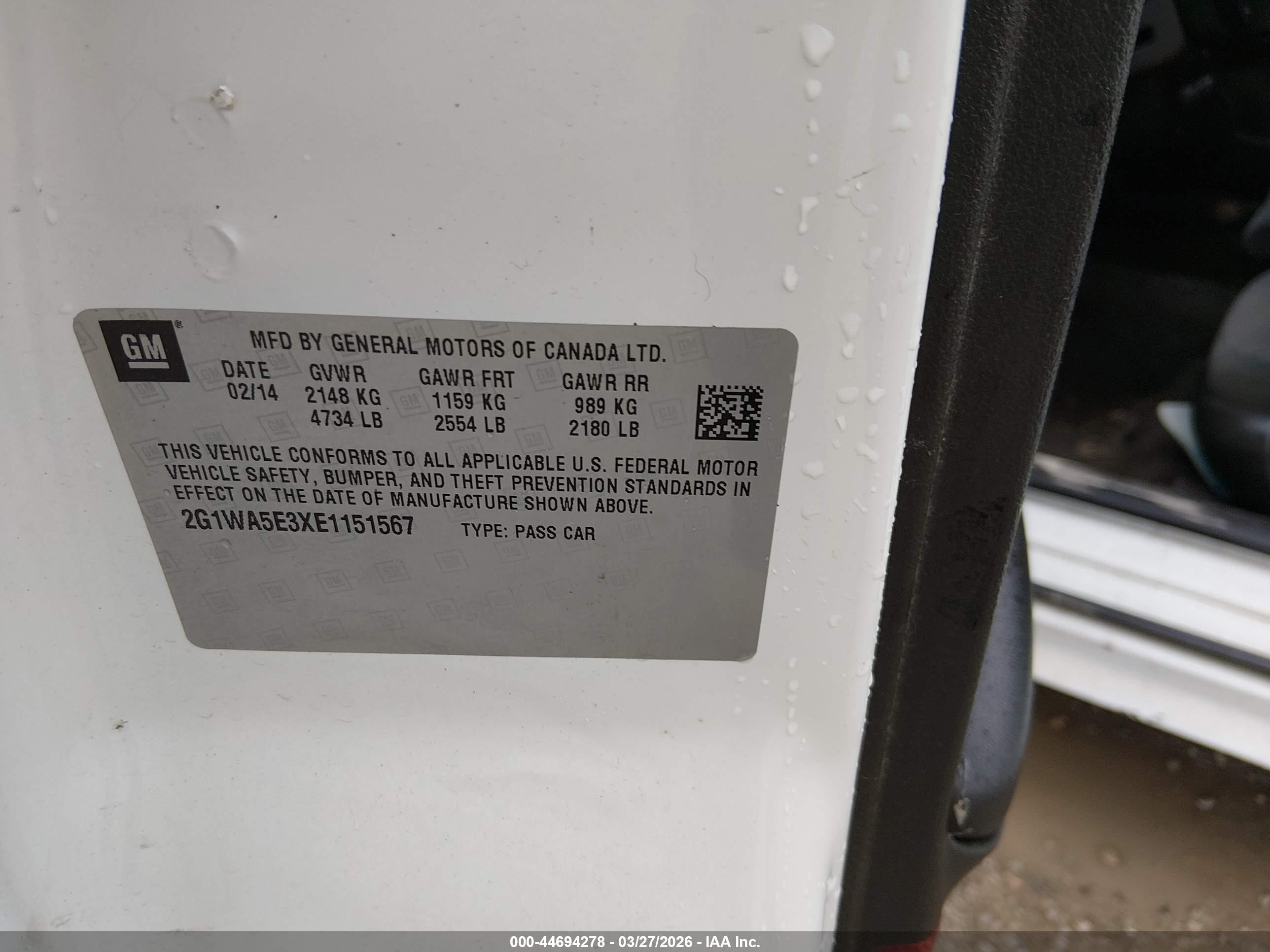 2014 Chevrolet Impala Limited Ls White vin: 2G1WA5E3XE1151567