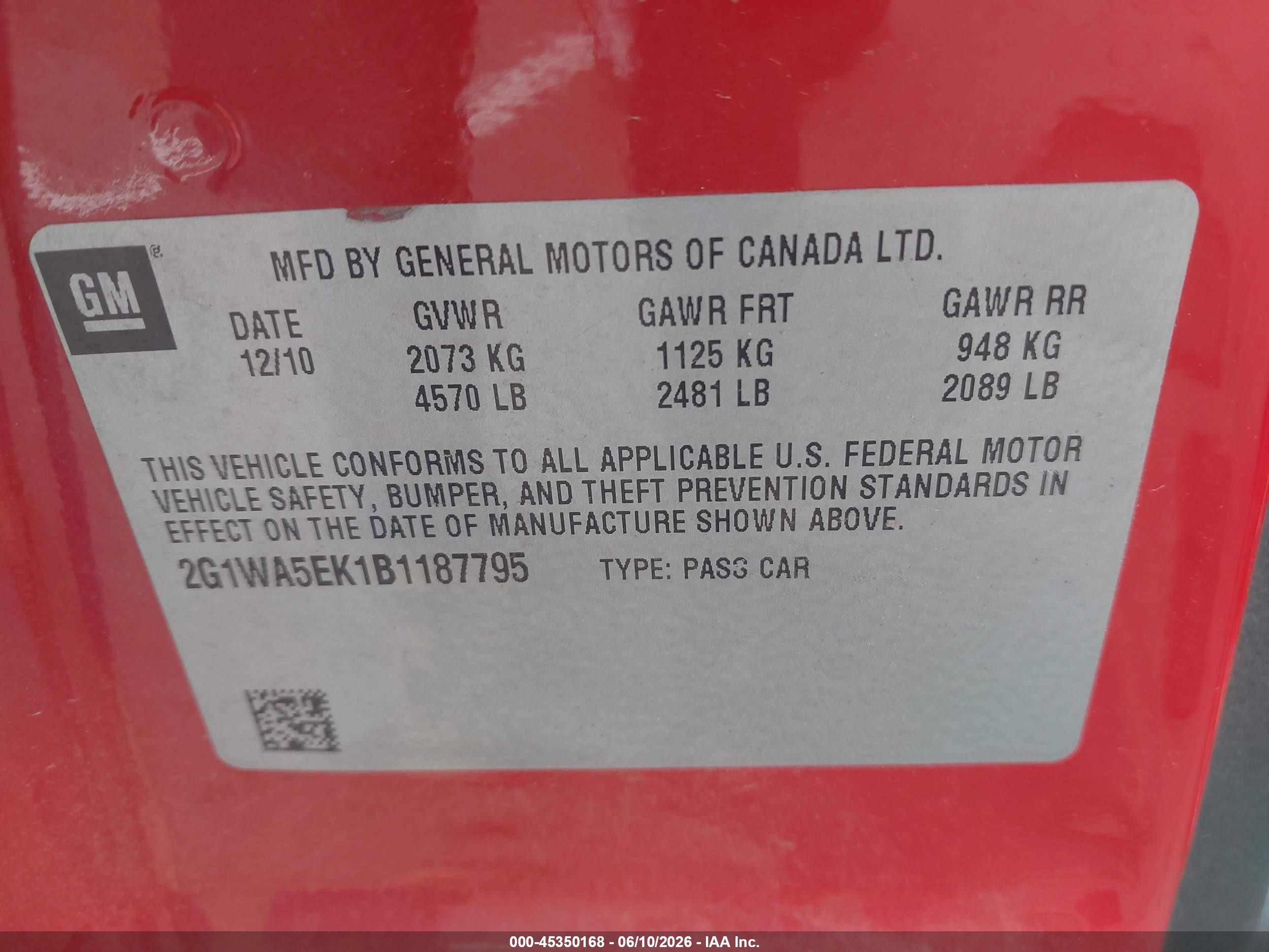 2011 Chevrolet Impala Ls Red vin: 2G1WA5EK1B1187795