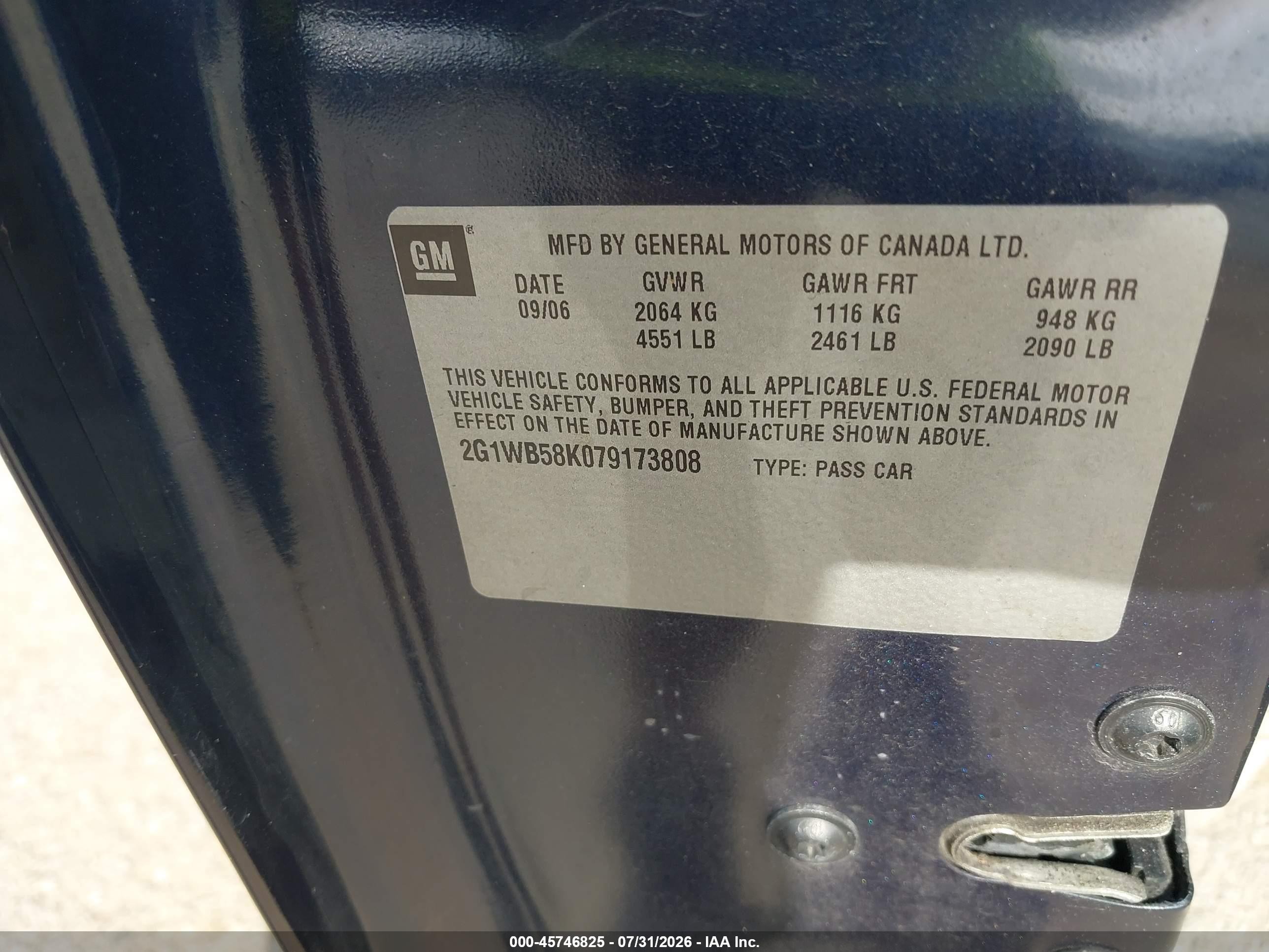 2007 Chevrolet Impala Ls Blue vin: 2G1WB58K079173808