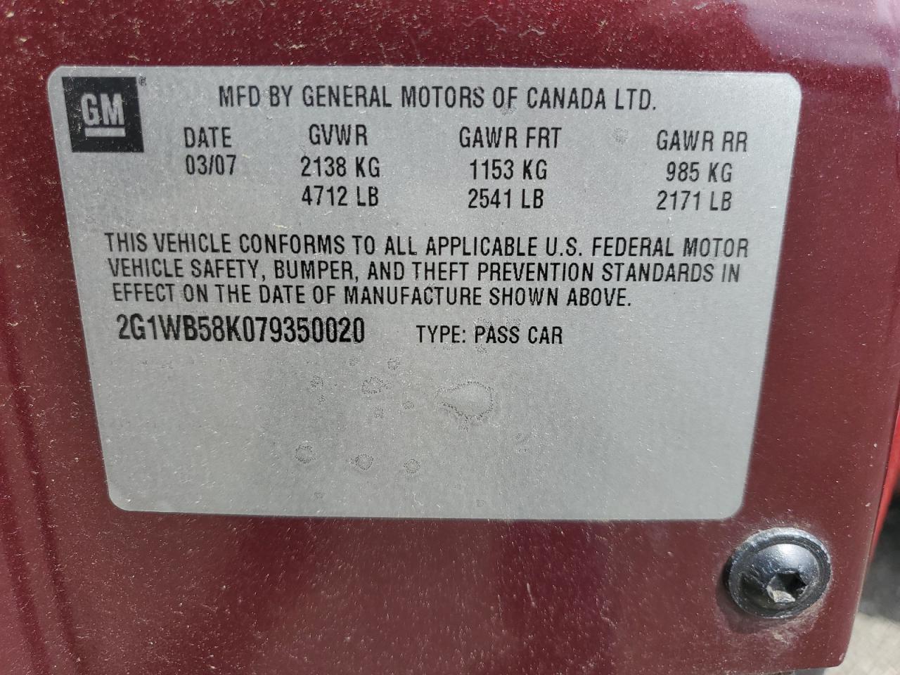 2007 Chevrolet Impala Ls Burgundy vin: 2G1WB58K079350020