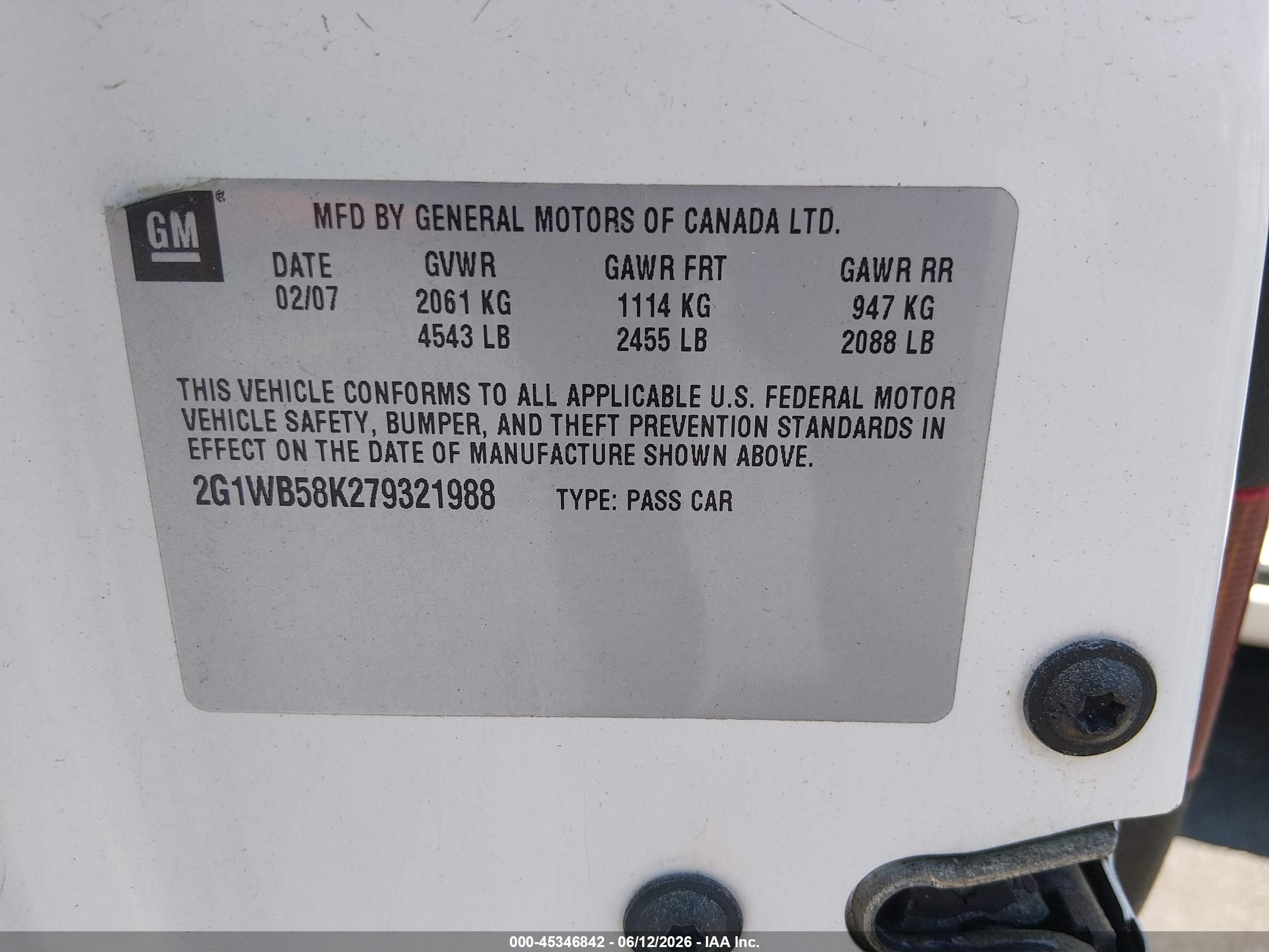2007 Chevrolet Impala Ls White vin: 2G1WB58K279321988