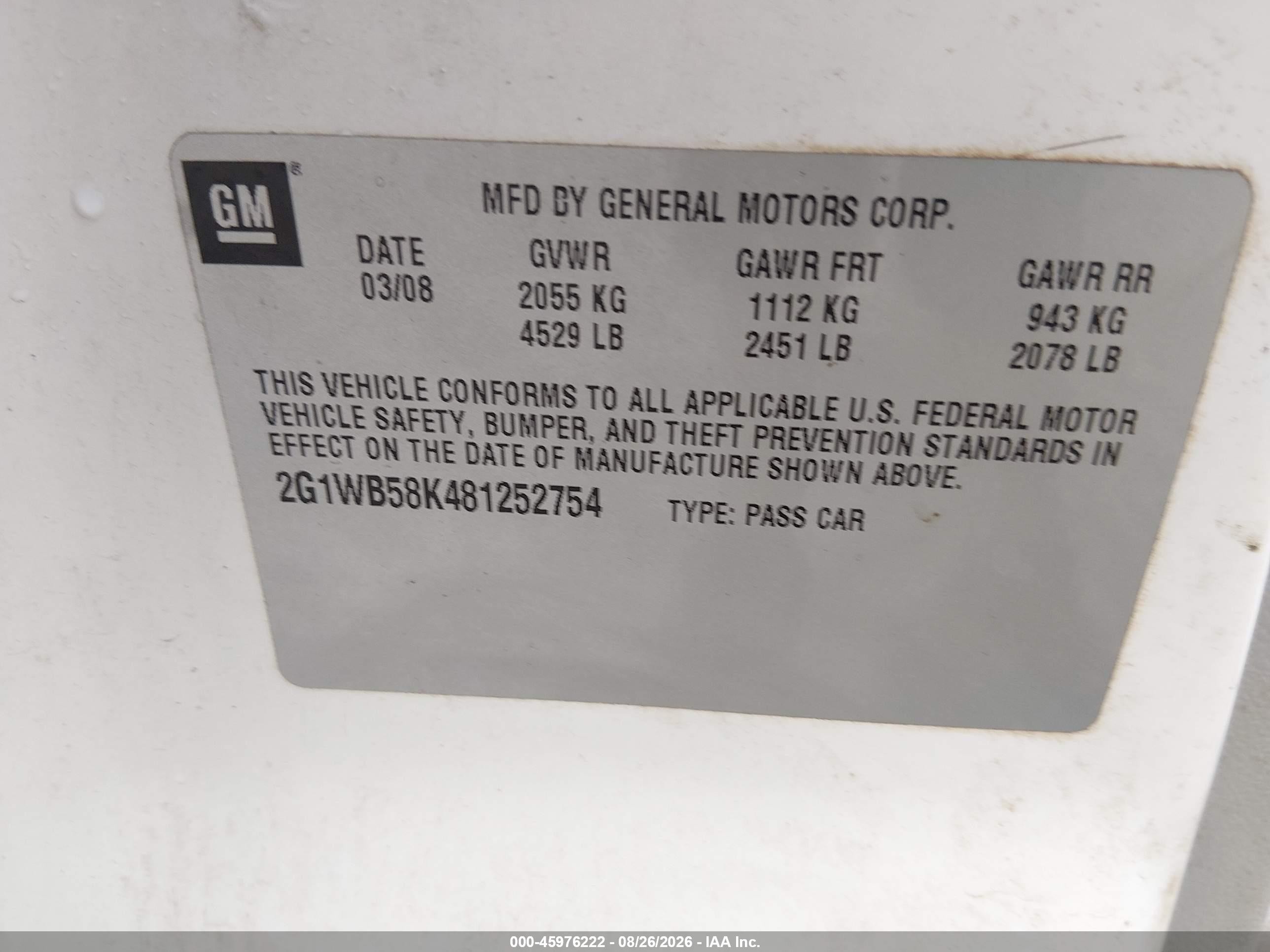2008 Chevrolet Impala Ls Белый vin: 2G1WB58K481252754