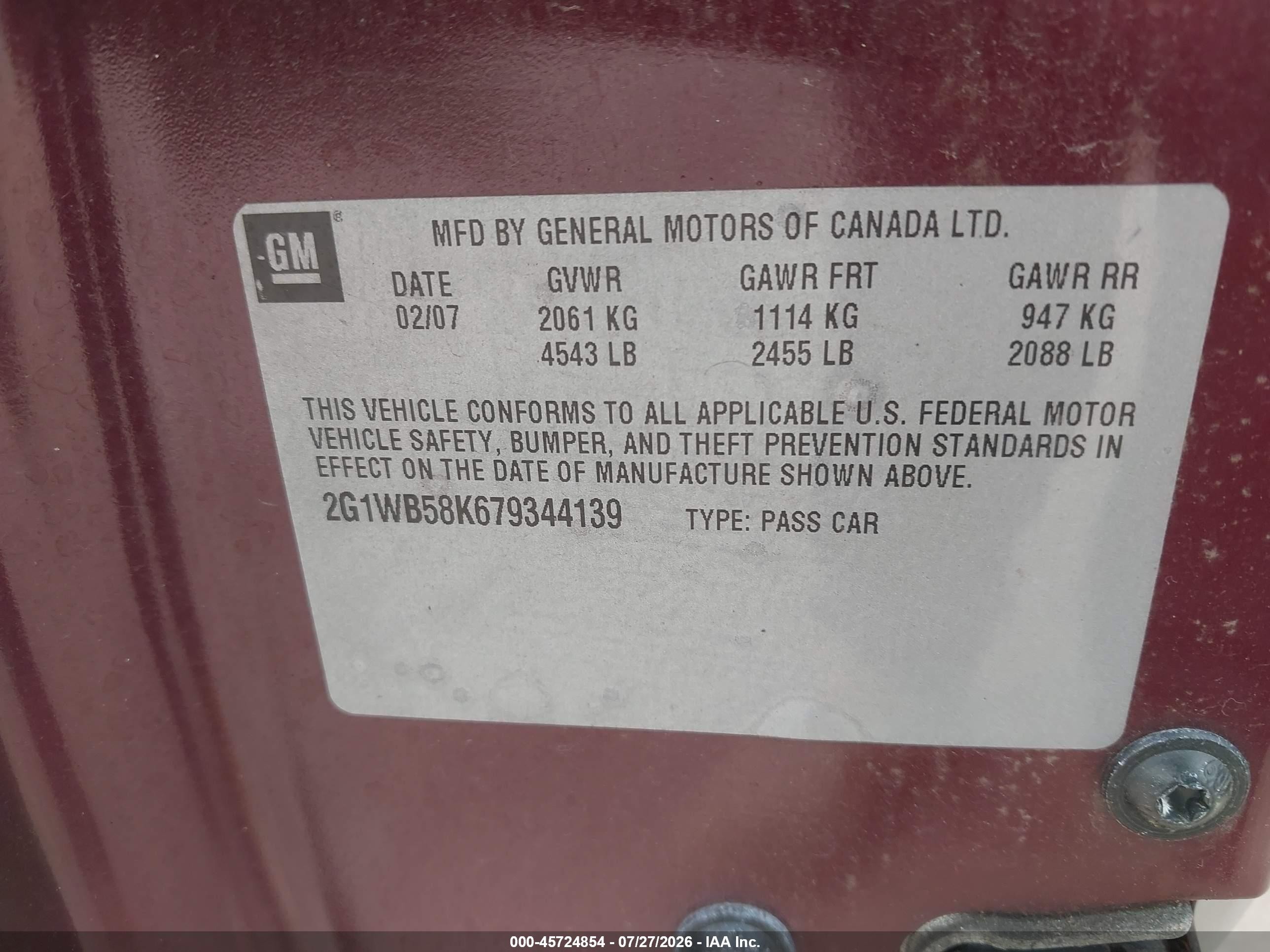 2007 Chevrolet Impala Ls Бордовый vin: 2G1WB58K679344139