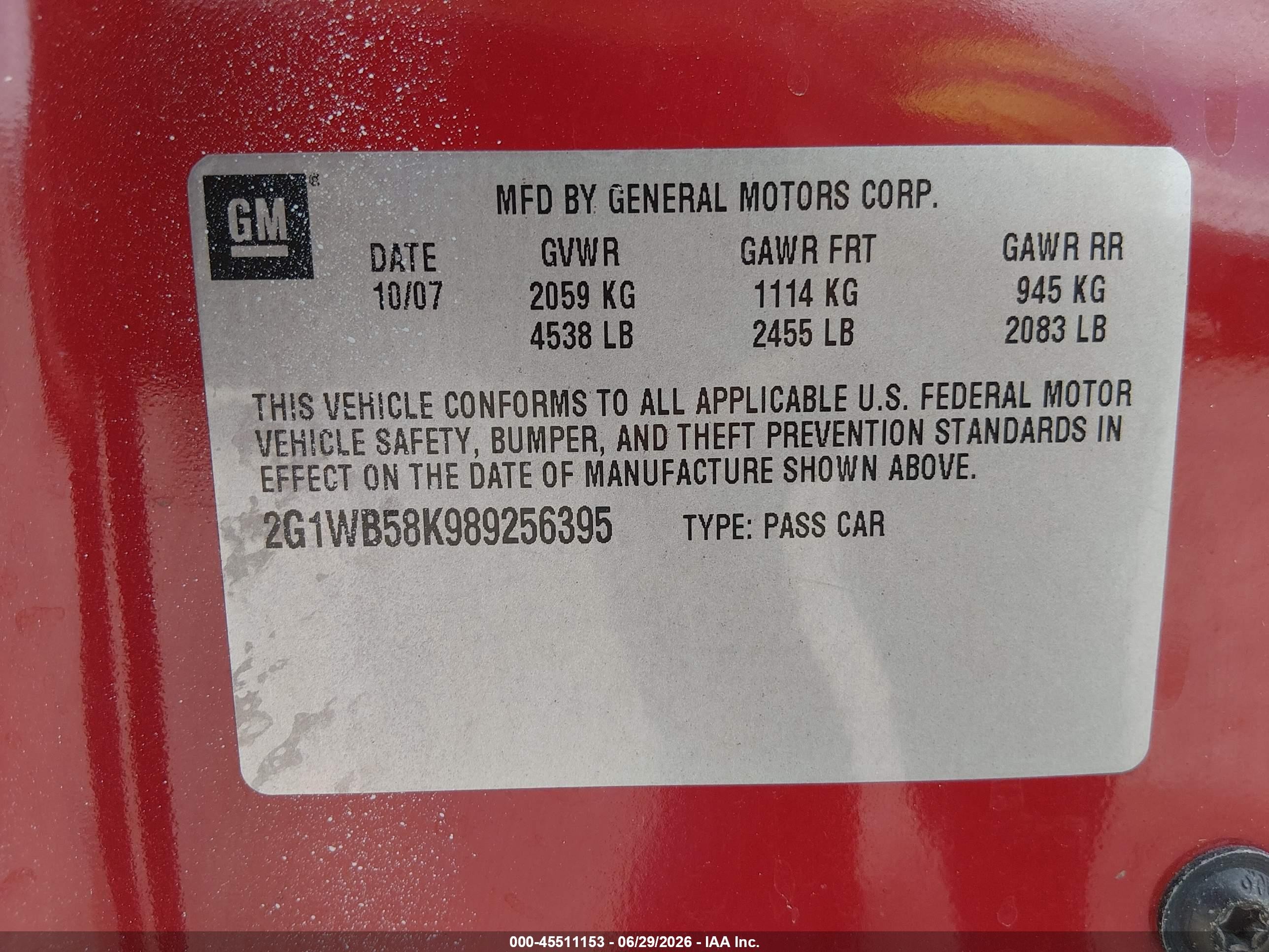 2008 Chevrolet Impala Ls Red vin: 2G1WB58K989256395