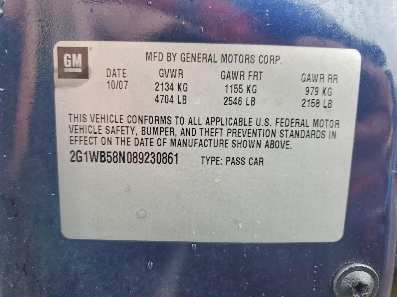 2008 Chevrolet Impala Ls Blue vin: 2G1WB58N089230861