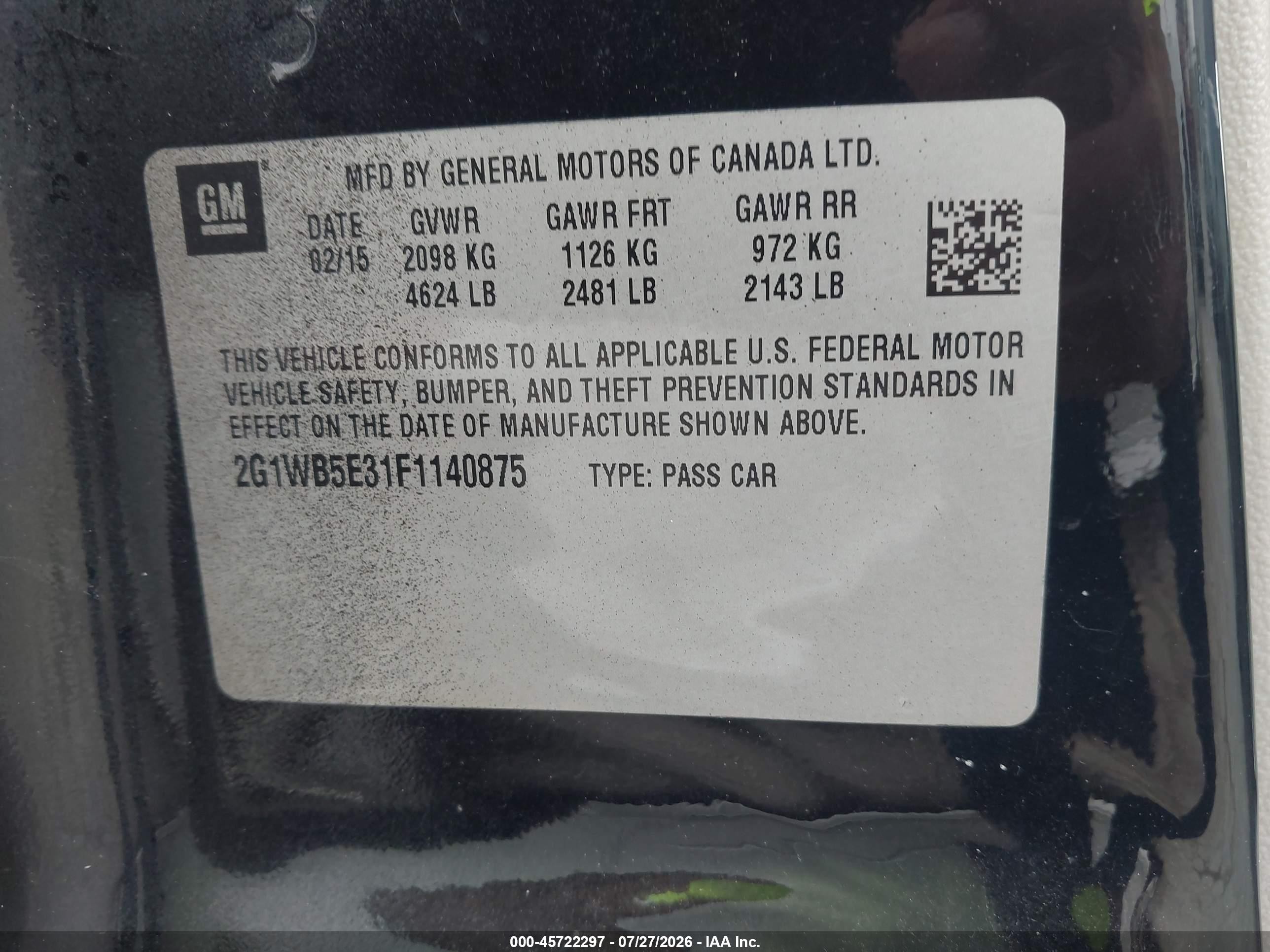 2015 Chevrolet Impala Limited Lt Black vin: 2G1WB5E31F1140875