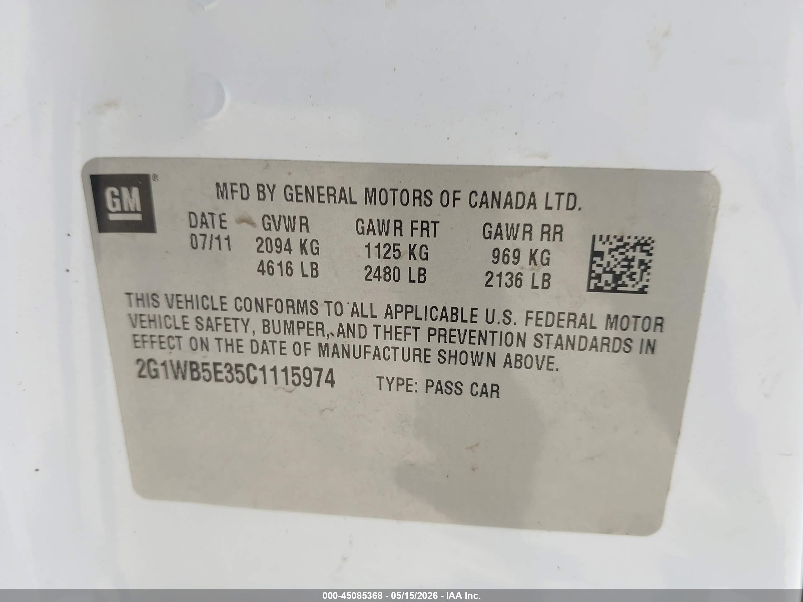 2012 Chevrolet Impala Lt White vin: 2G1WB5E35C1115974