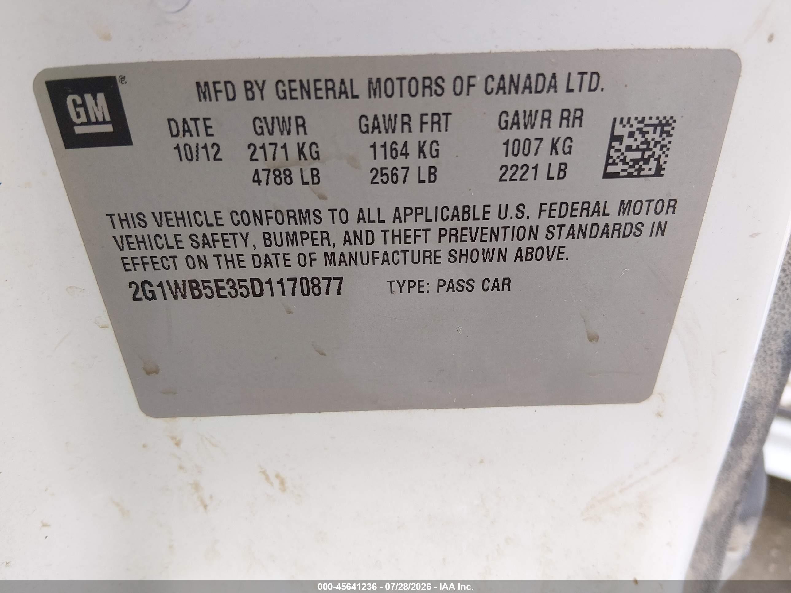 2013 Chevrolet Impala Lt Белый vin: 2G1WB5E35D1170877