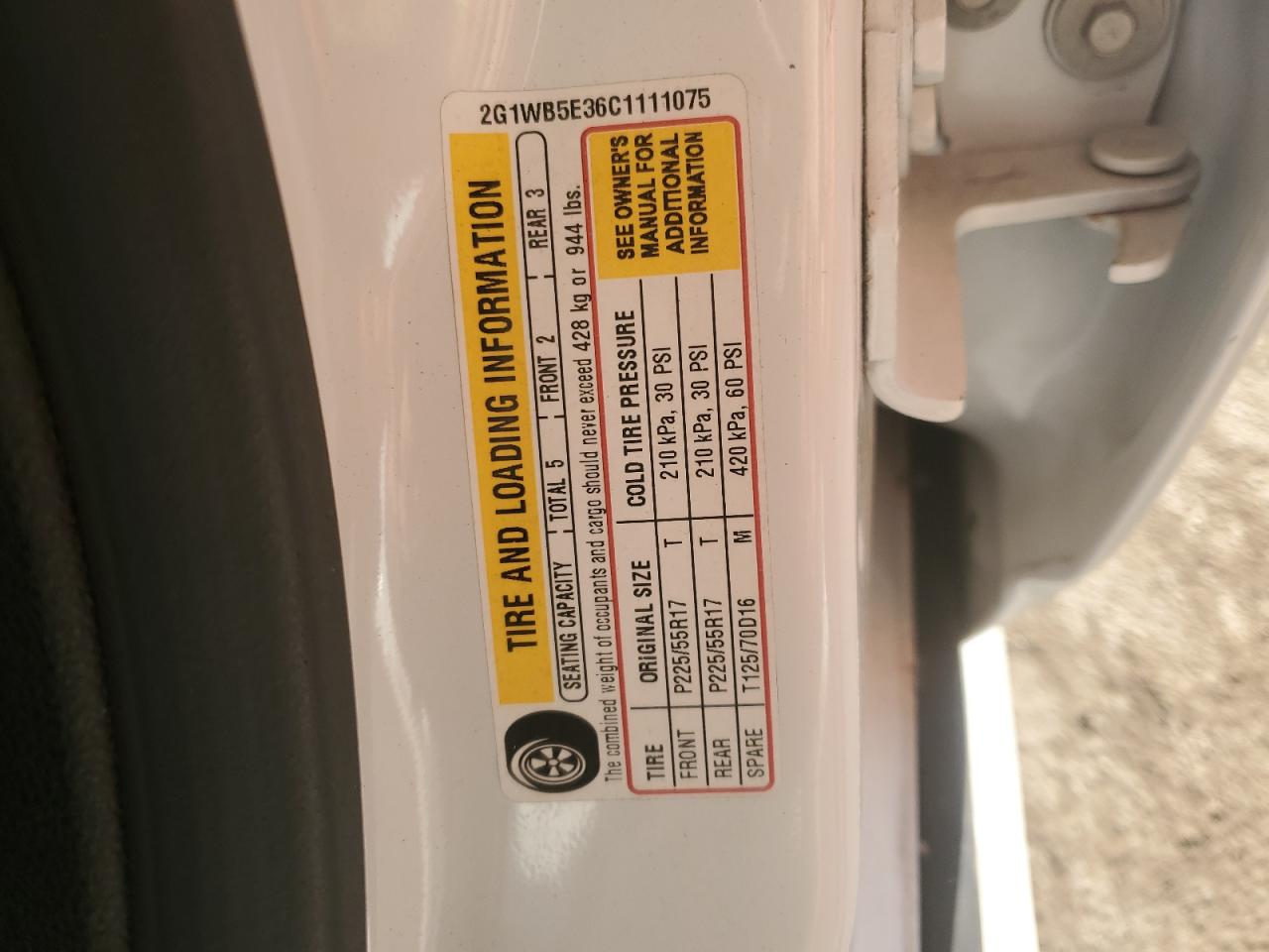 2012 Chevrolet Impala Lt White vin: 2G1WB5E36C1111075