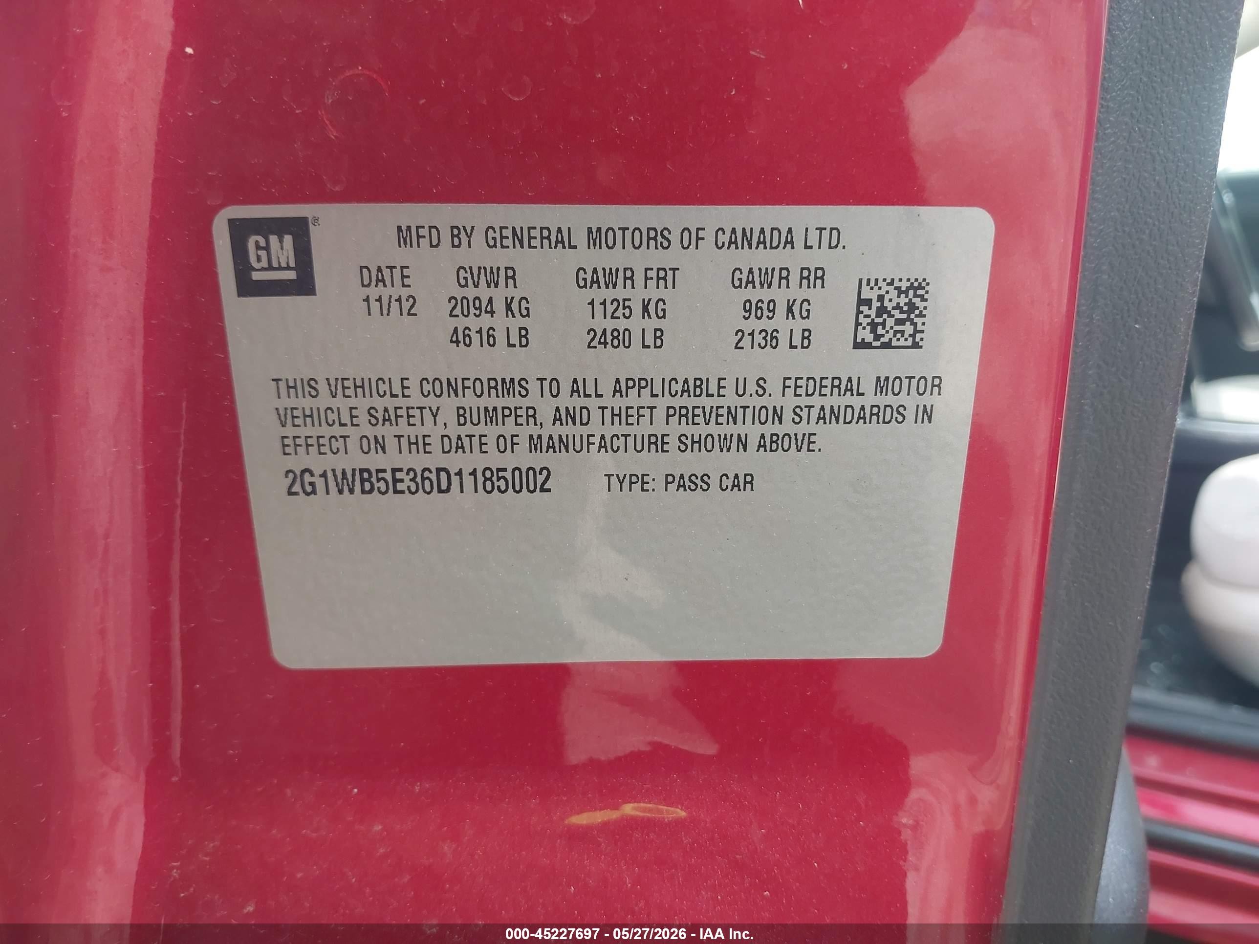 2013 Chevrolet Impala Lt Red vin: 2G1WB5E36D1185002