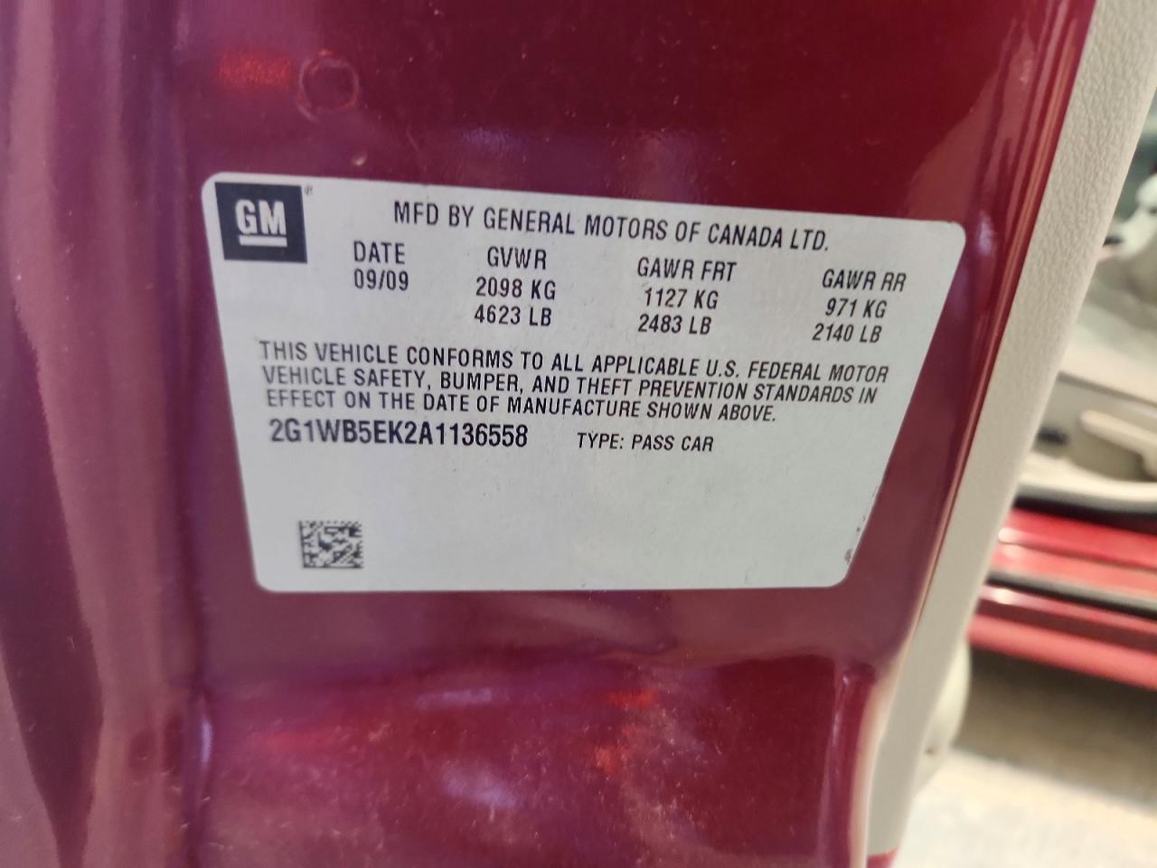 2010 Chevrolet Impala Lt Red vin: 2G1WB5EK2A1136558