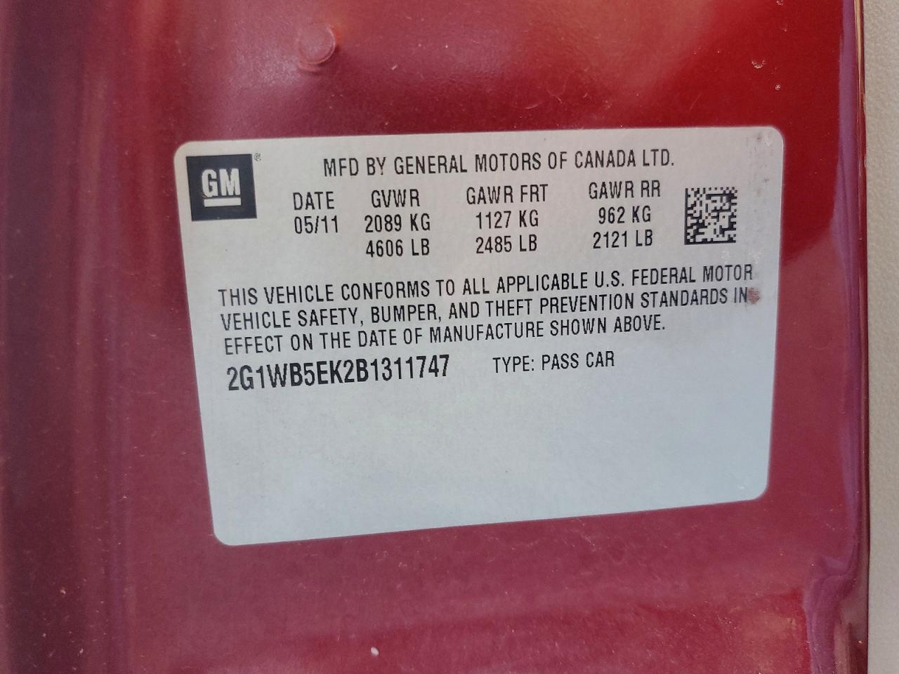 2011 Chevrolet Impala Lt Burgundy vin: 2G1WB5EK2B1311747