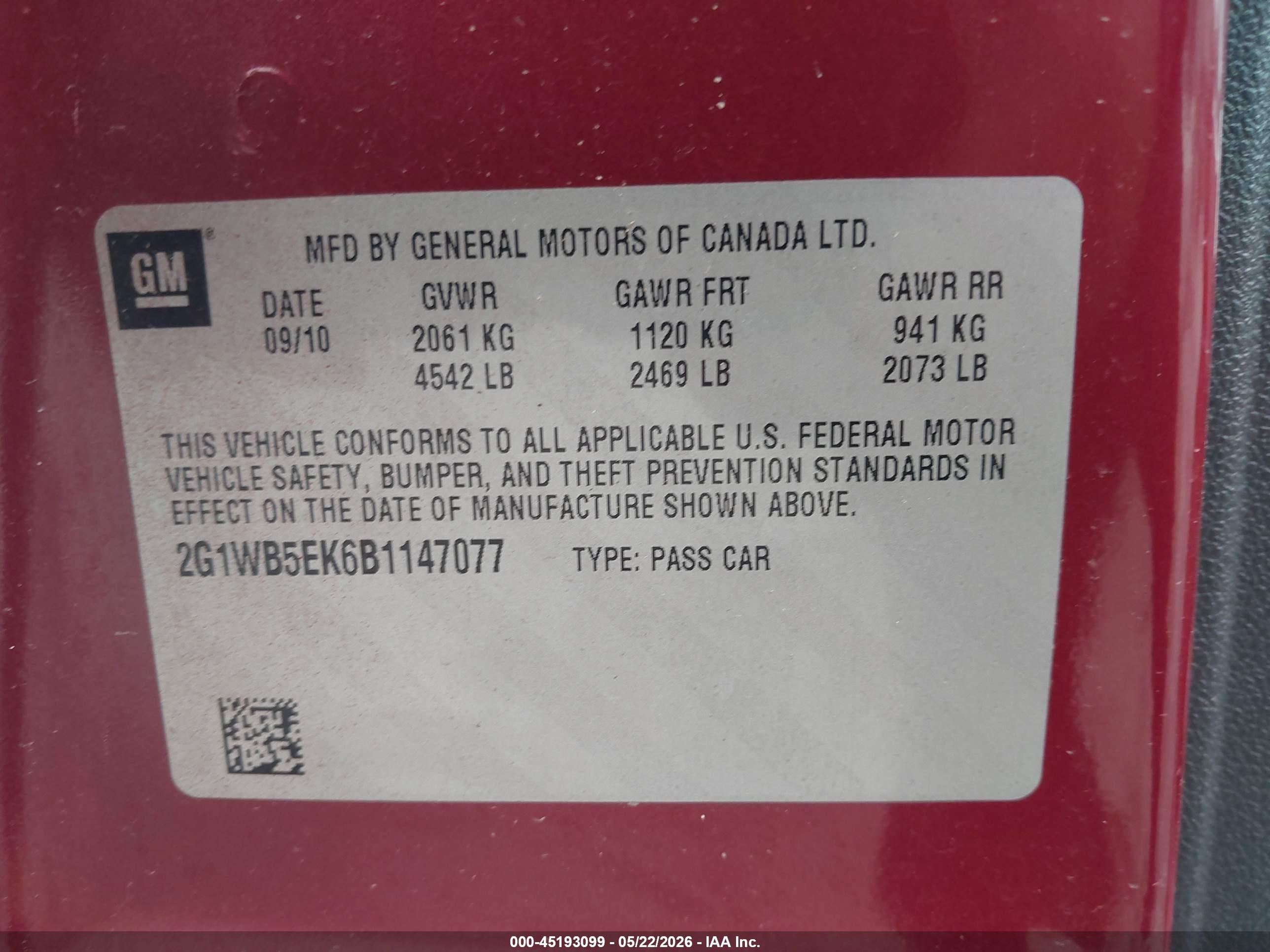 2011 Chevrolet Impala Lt Red vin: 2G1WB5EK6B1147077