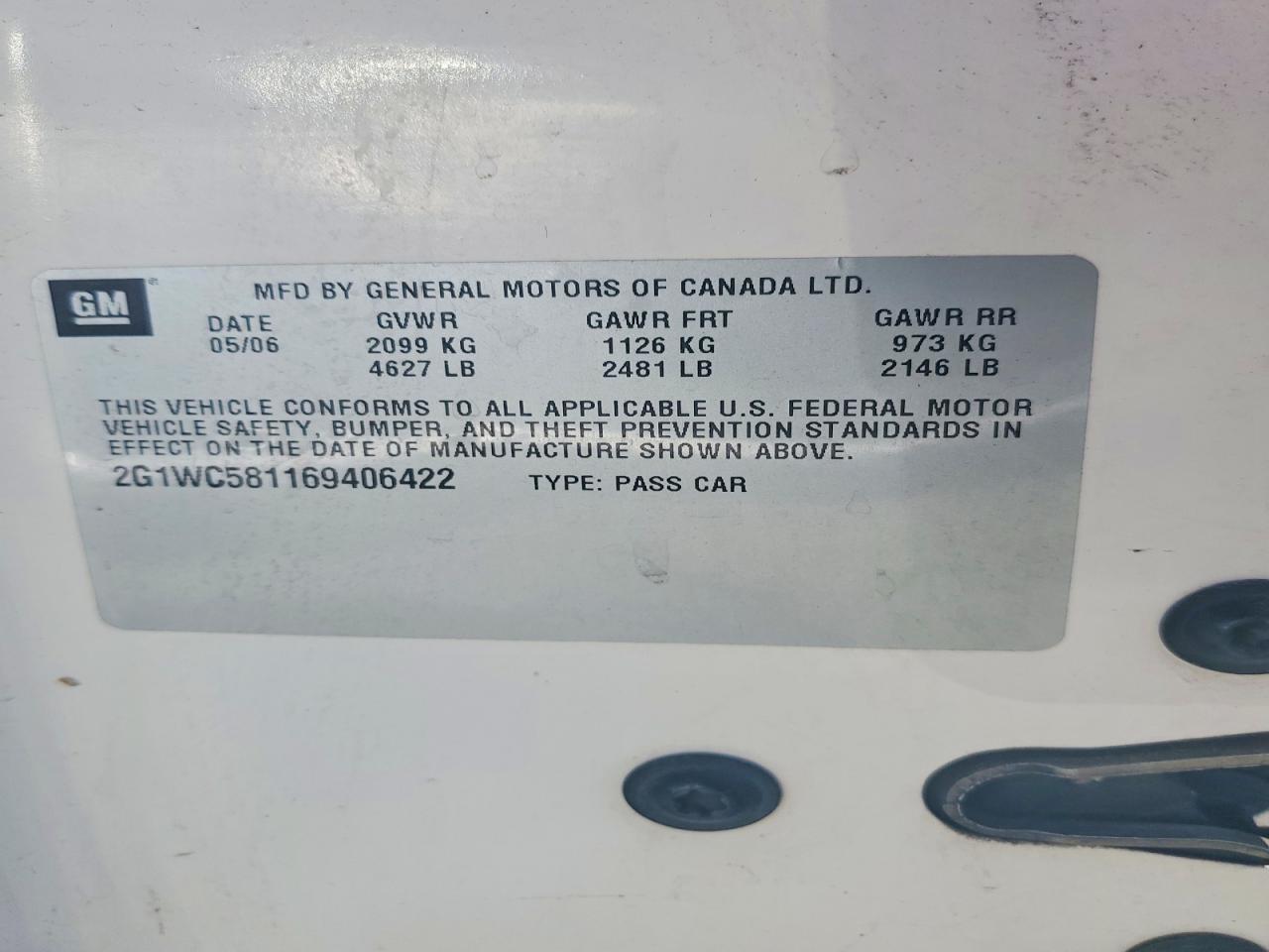2006 Chevrolet Impala Lt White vin: 2G1WC581169406422