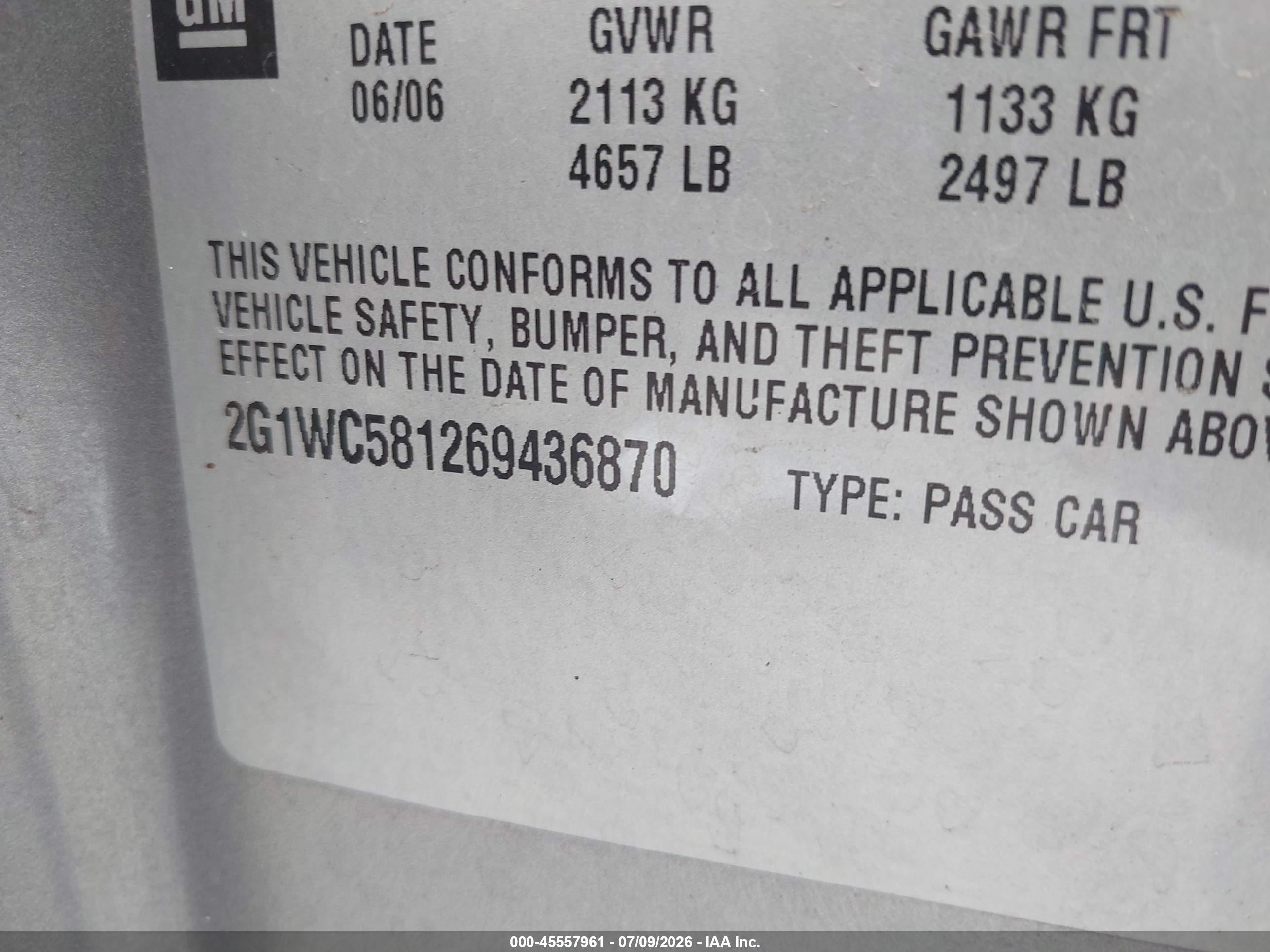 2006 Chevrolet Impala Lt Серый vin: 2G1WC581269436870