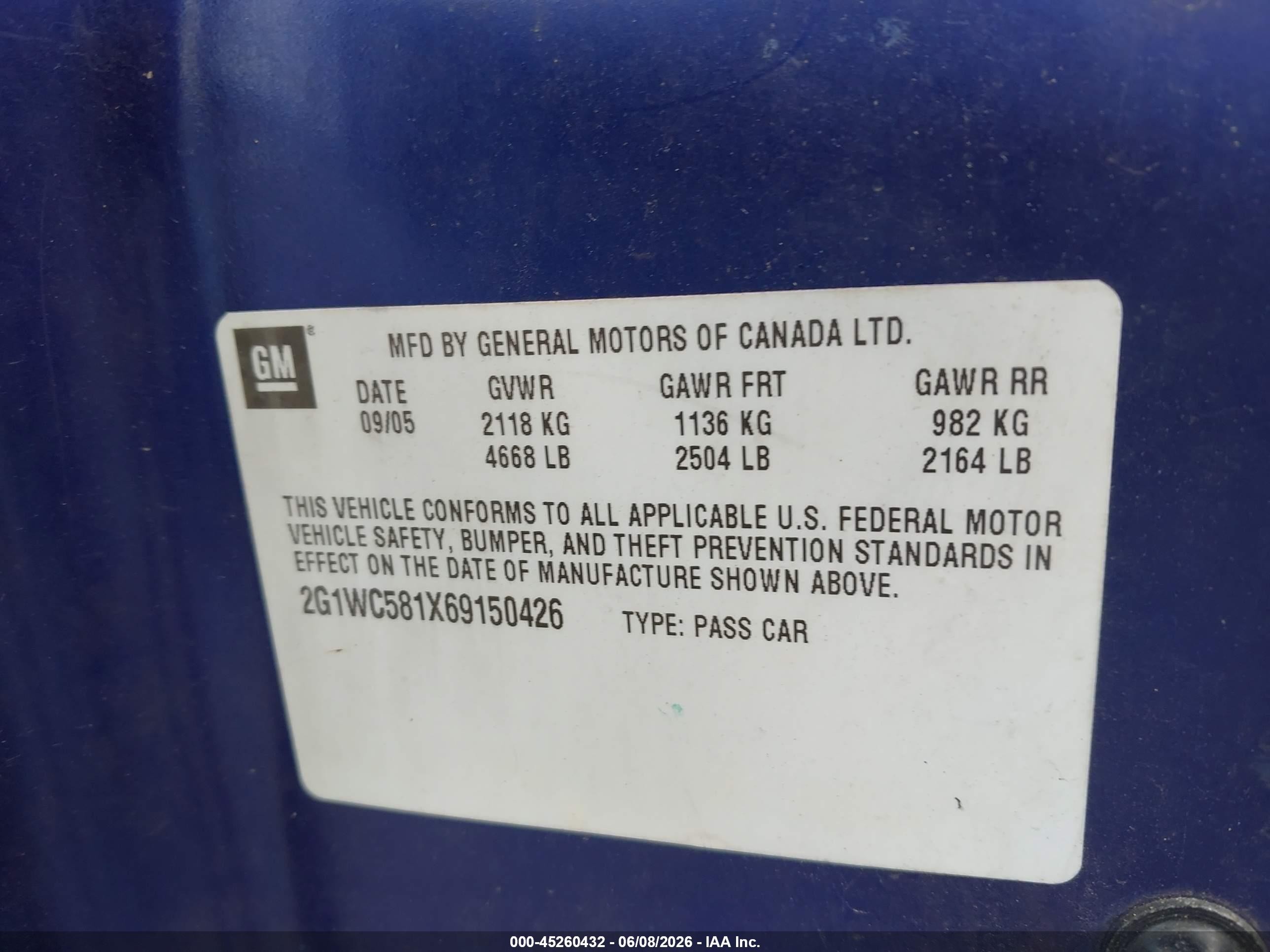 2006 Chevrolet Impala Lt Blue vin: 2G1WC581X69150426