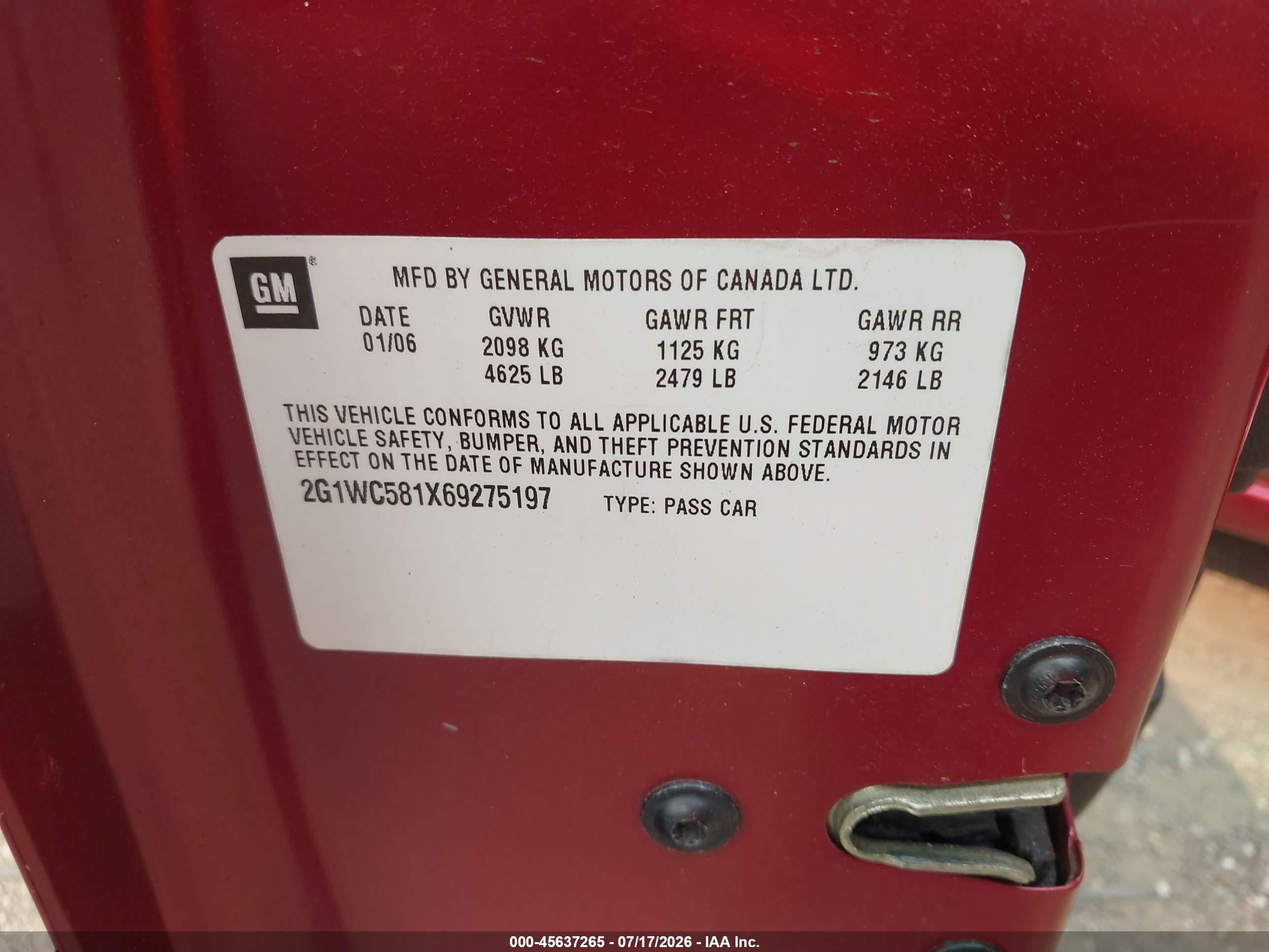 2006 Chevrolet Impala Lt Red vin: 2G1WC581X69275197
