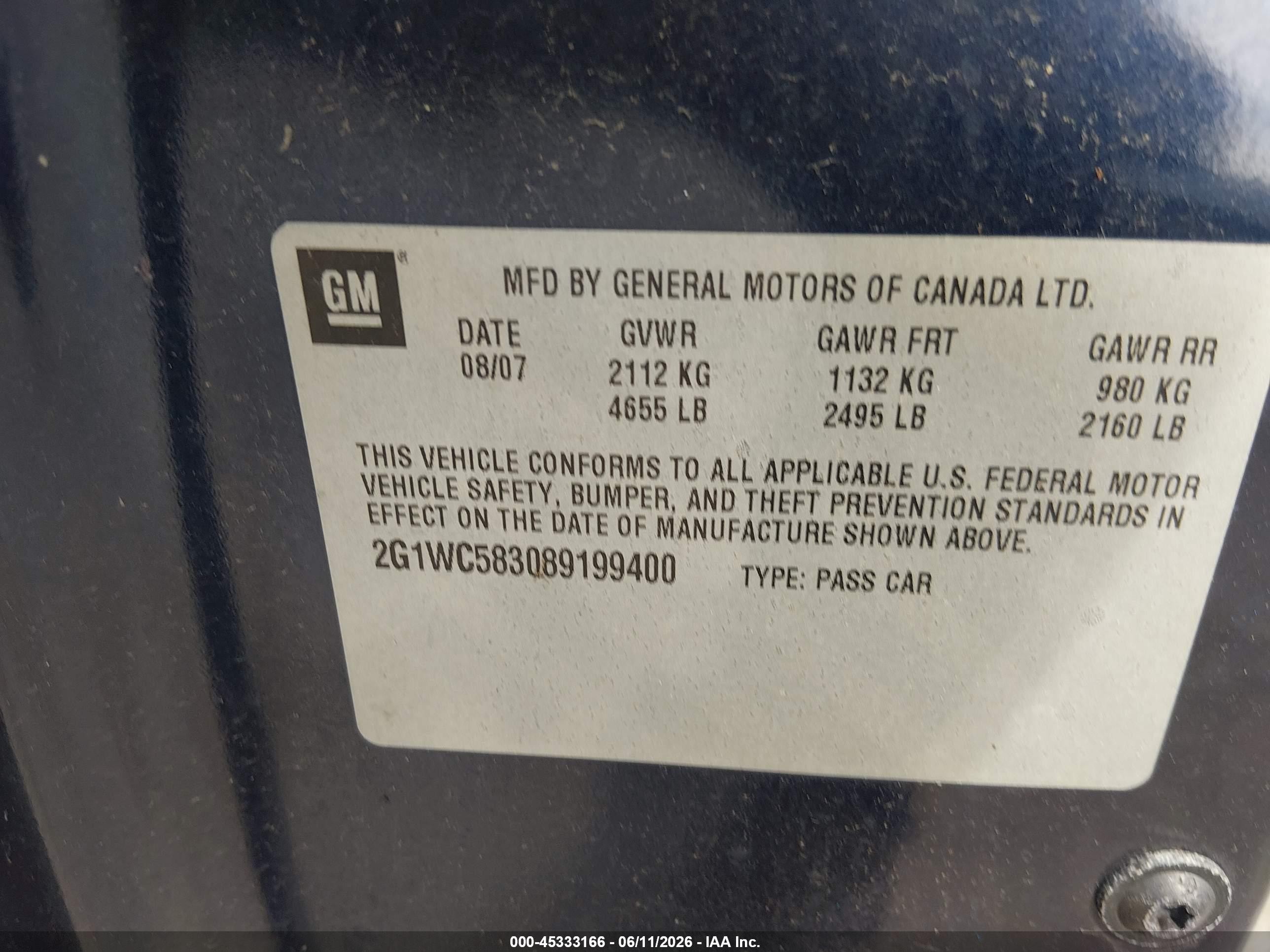 2008 Chevrolet Impala Lt Blue vin: 2G1WC583089199400