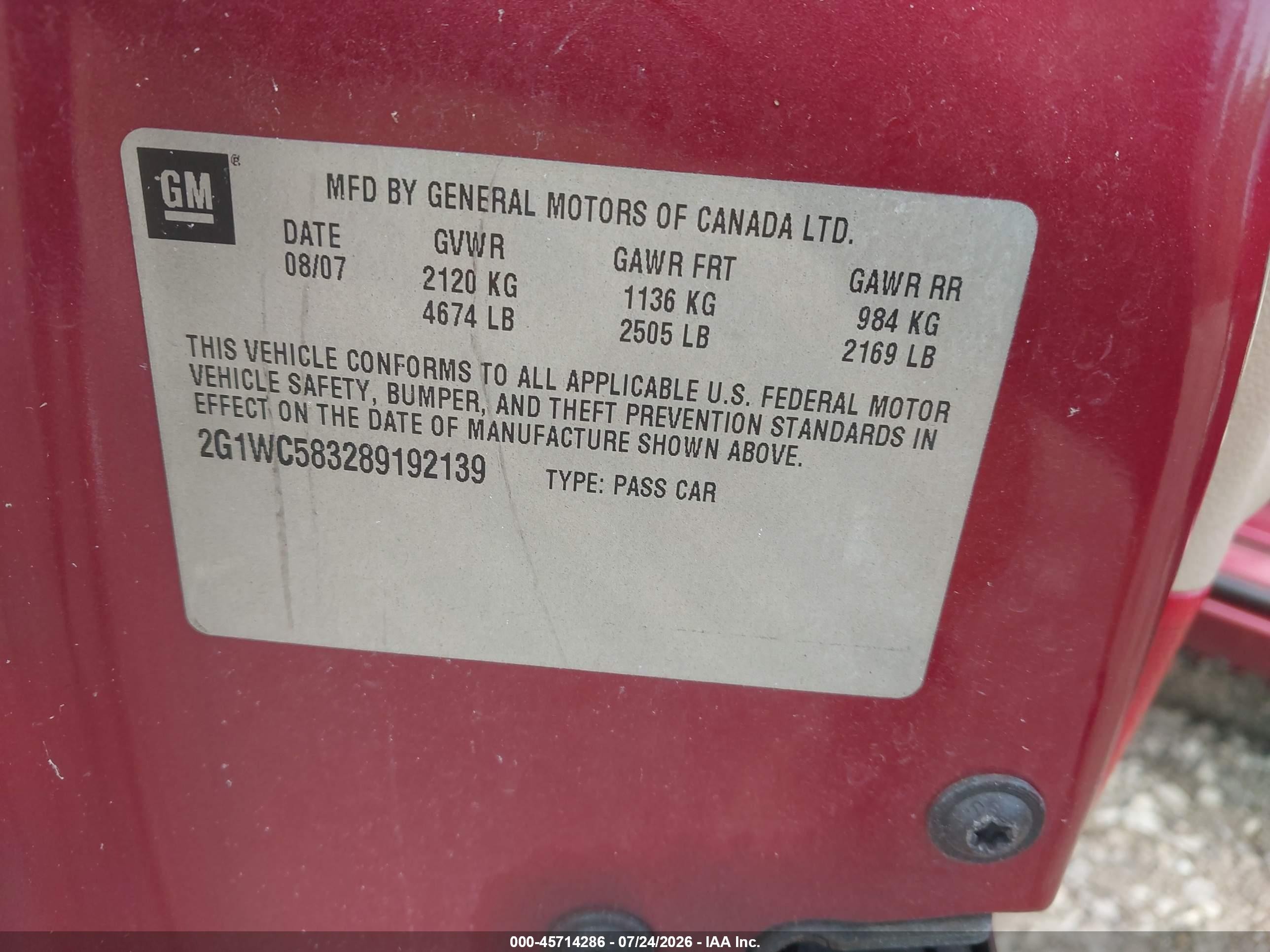 2008 Chevrolet Impala Lt Red vin: 2G1WC583289192139