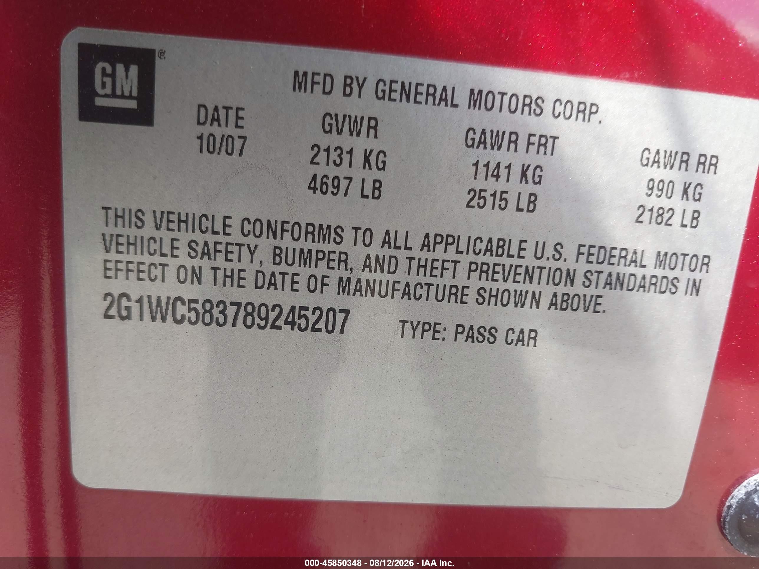 2008 Chevrolet Impala Lt Red vin: 2G1WC583789245207