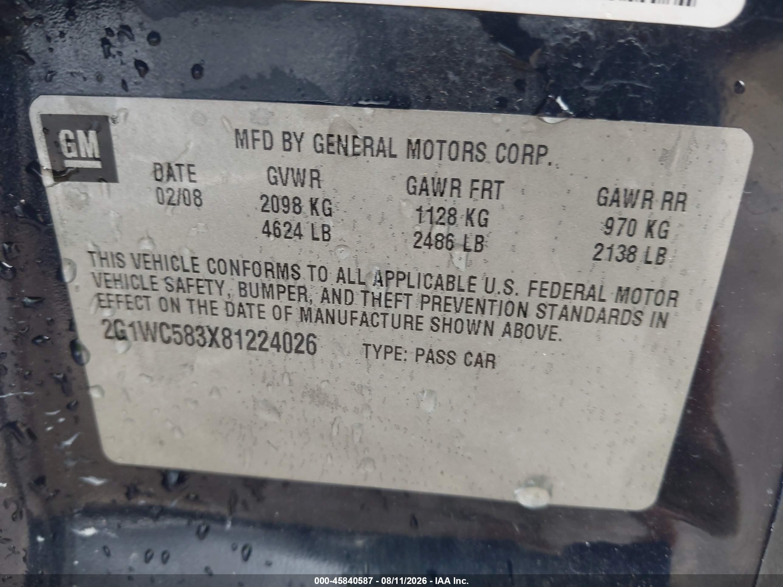 2008 Chevrolet Impala Lt Navy vin: 2G1WC583X81224026