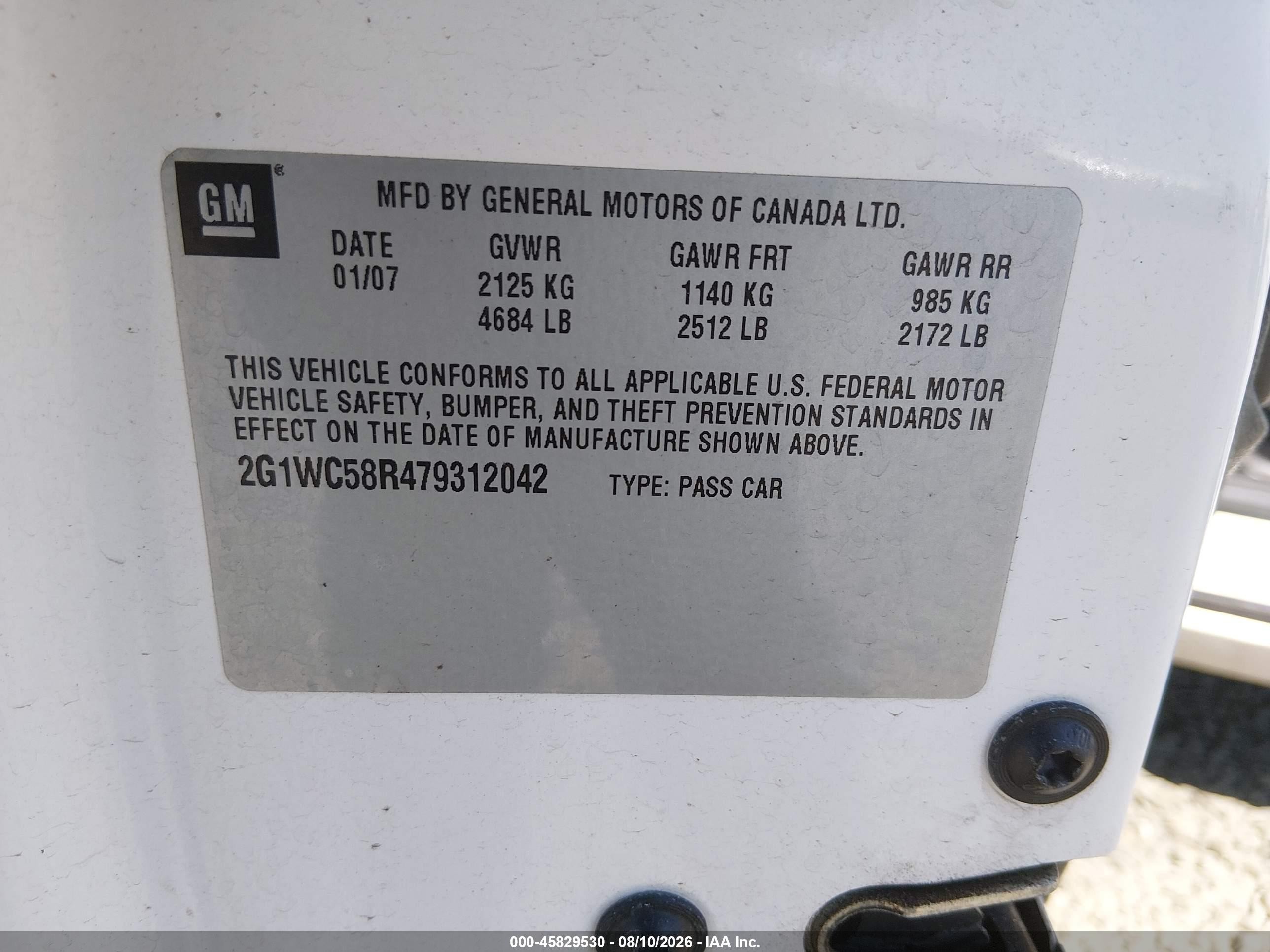2007 Chevrolet Impala 3.9l Lt White vin: 2G1WC58R479312042