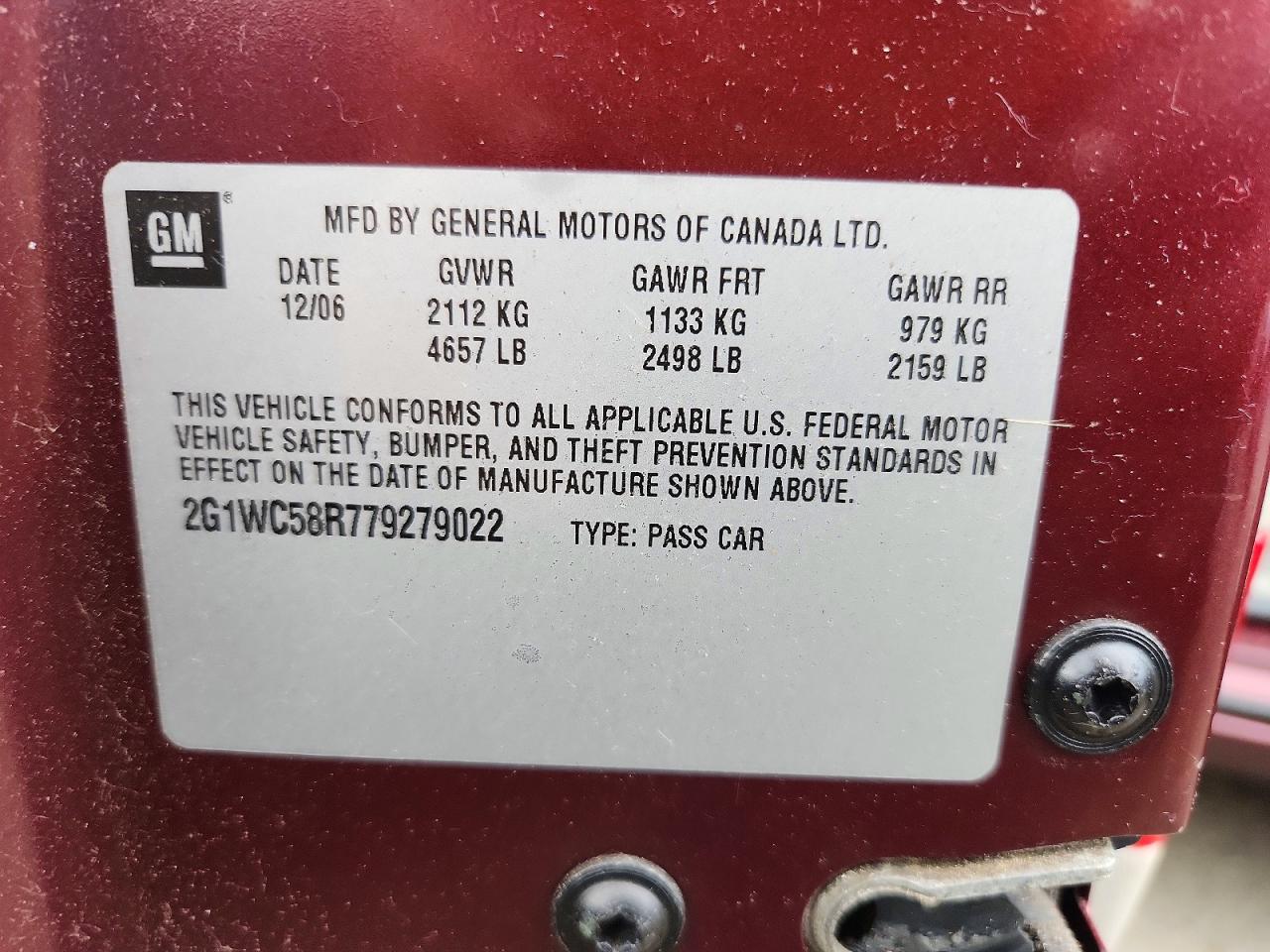 2007 Chevrolet Impala Lt Бордовый vin: 2G1WC58R779279022