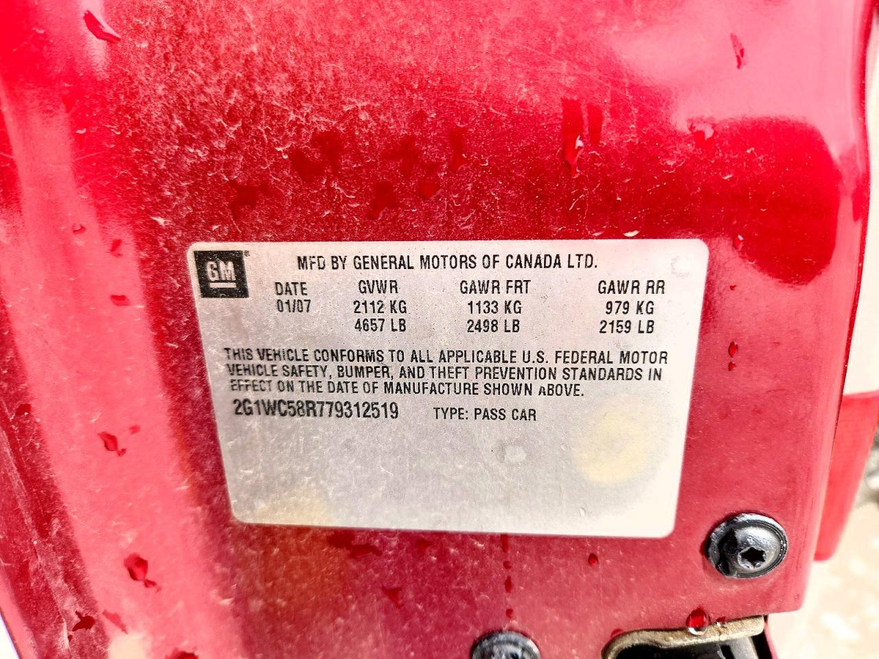 2007 Chevrolet Impala Lt Red vin: 2G1WC58R779312519