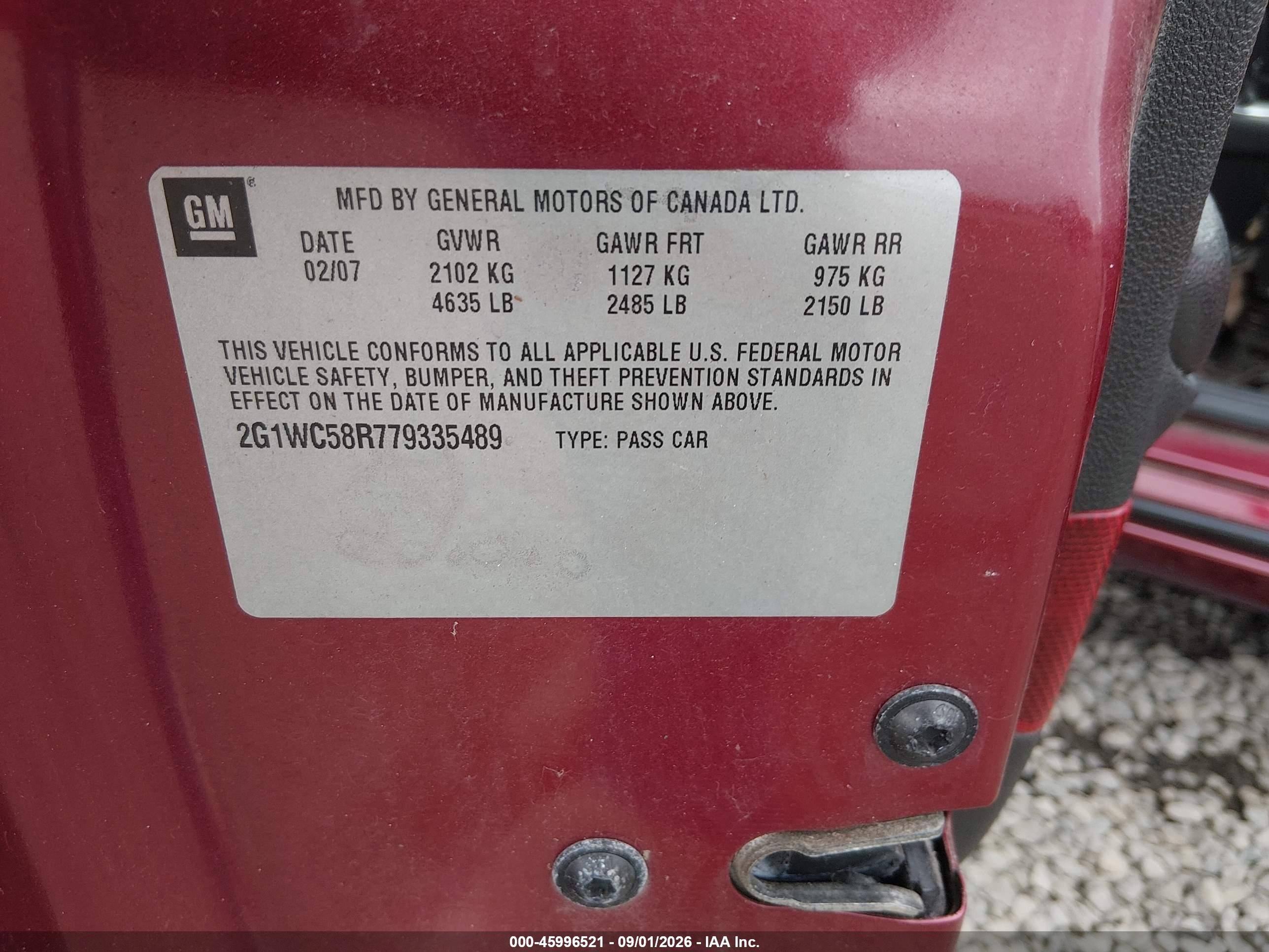 2007 Chevrolet Impala Lt Red vin: 2G1WC58R779335489