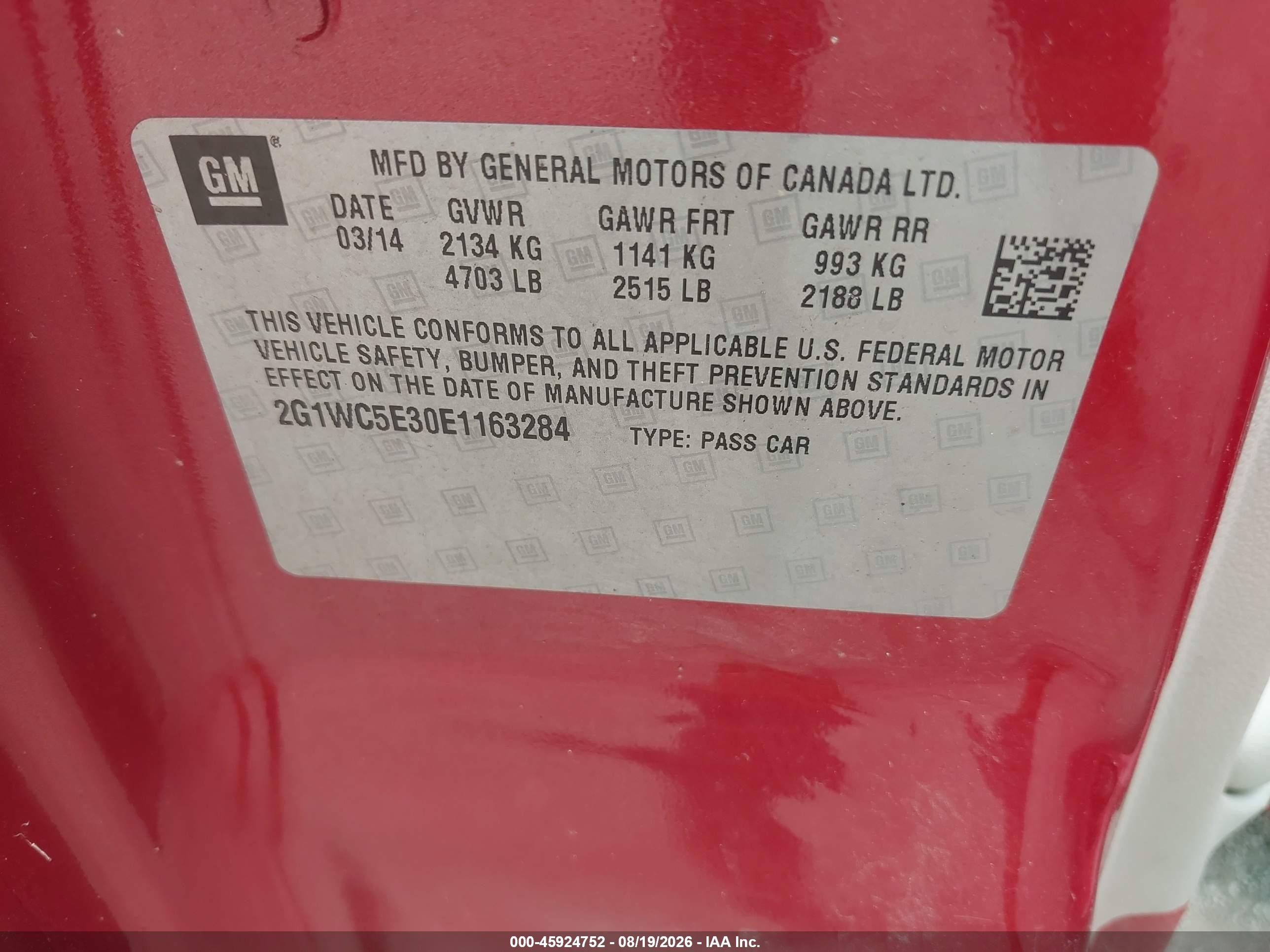 2014 Chevrolet Impala Limited Ltz Red vin: 2G1WC5E30E1163284