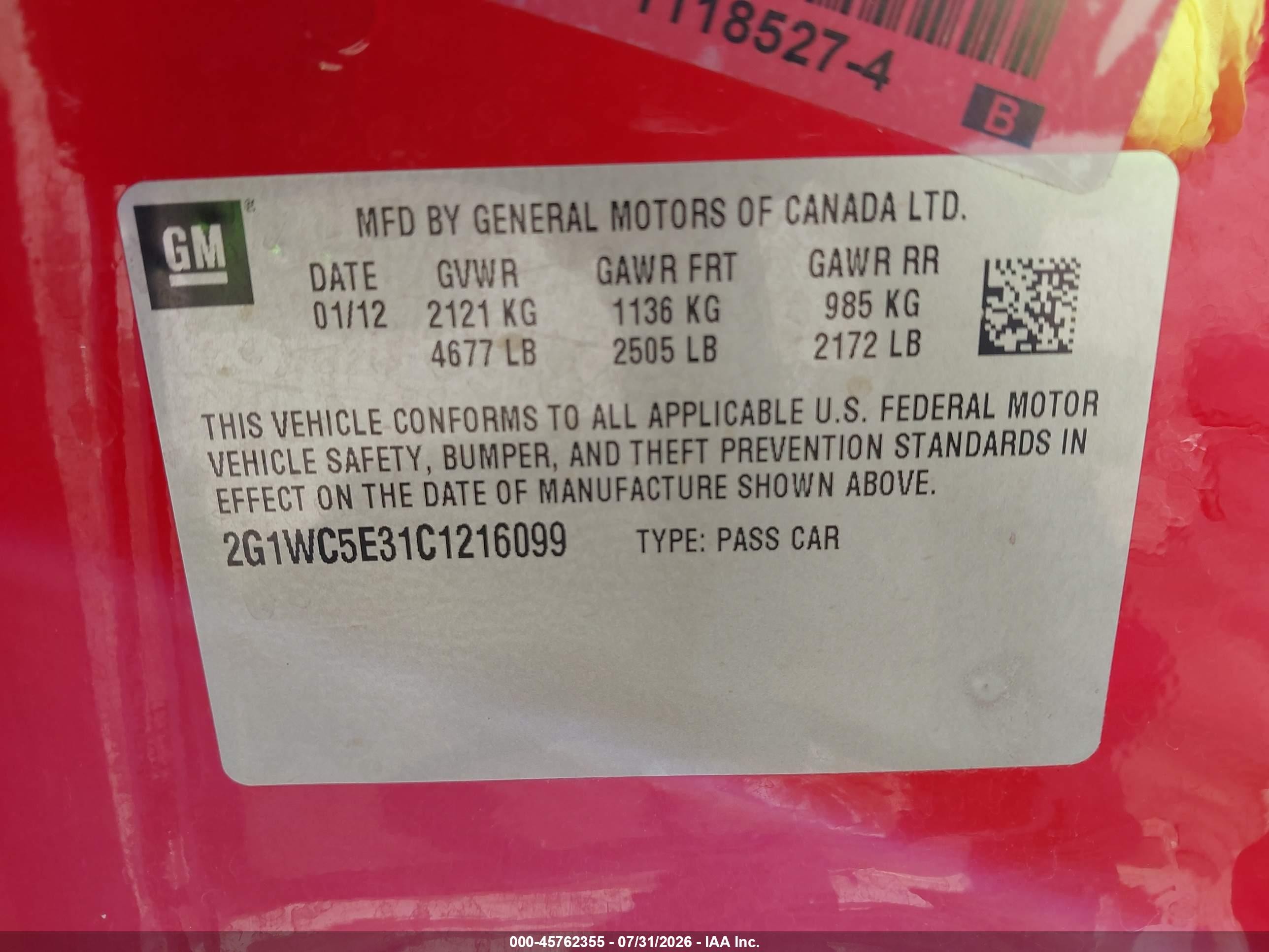 2012 Chevrolet Impala Ltz Red vin: 2G1WC5E31C1216099