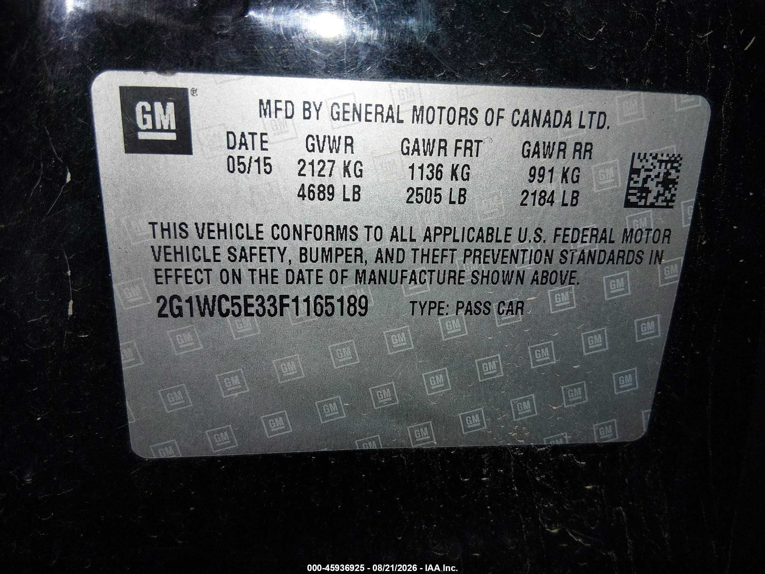 2015 Chevrolet Impala Limited Ltz Black vin: 2G1WC5E33F1165189