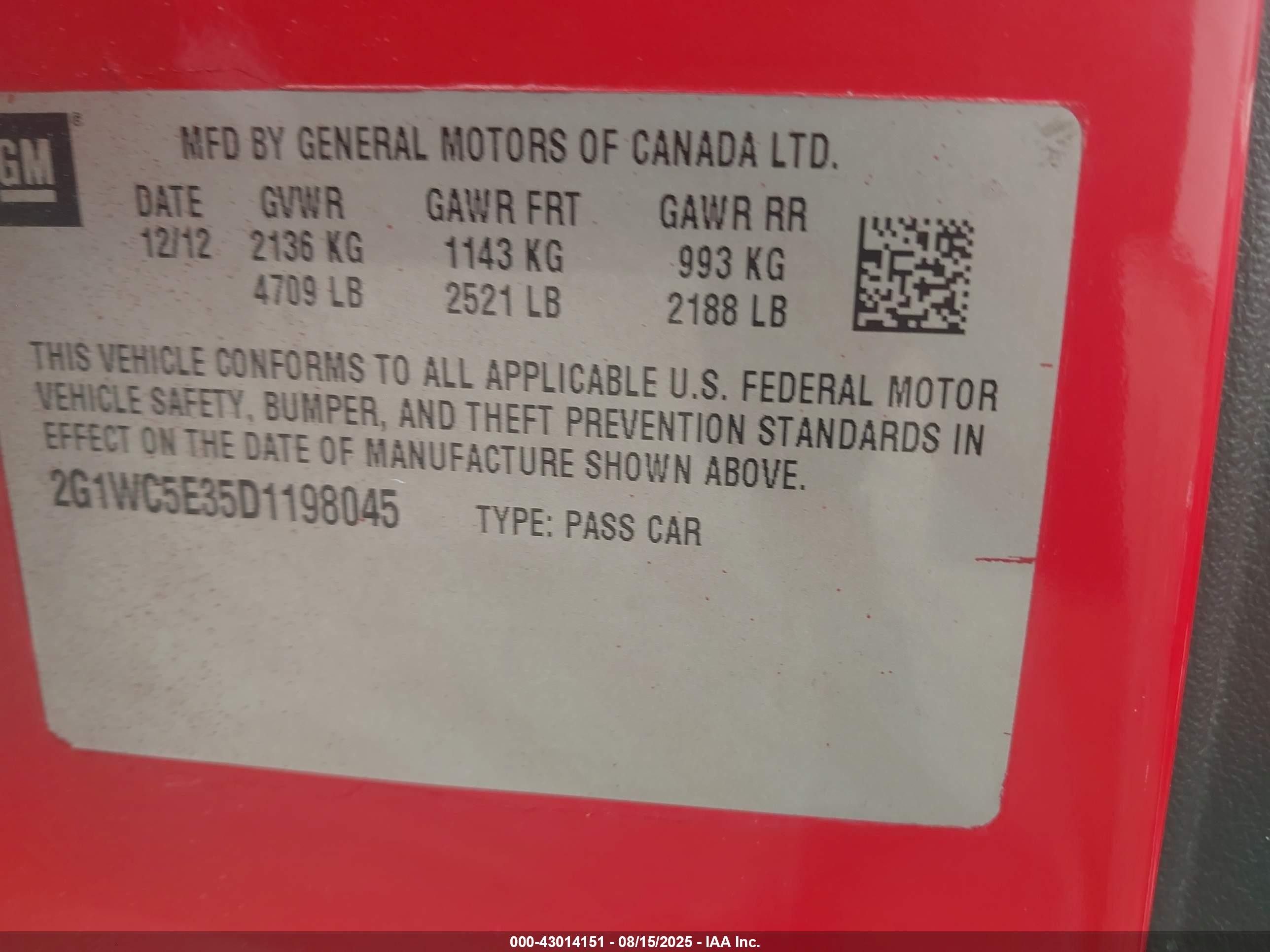 2013 Chevrolet Impala Ltz Red vin: 2G1WC5E35D1198045