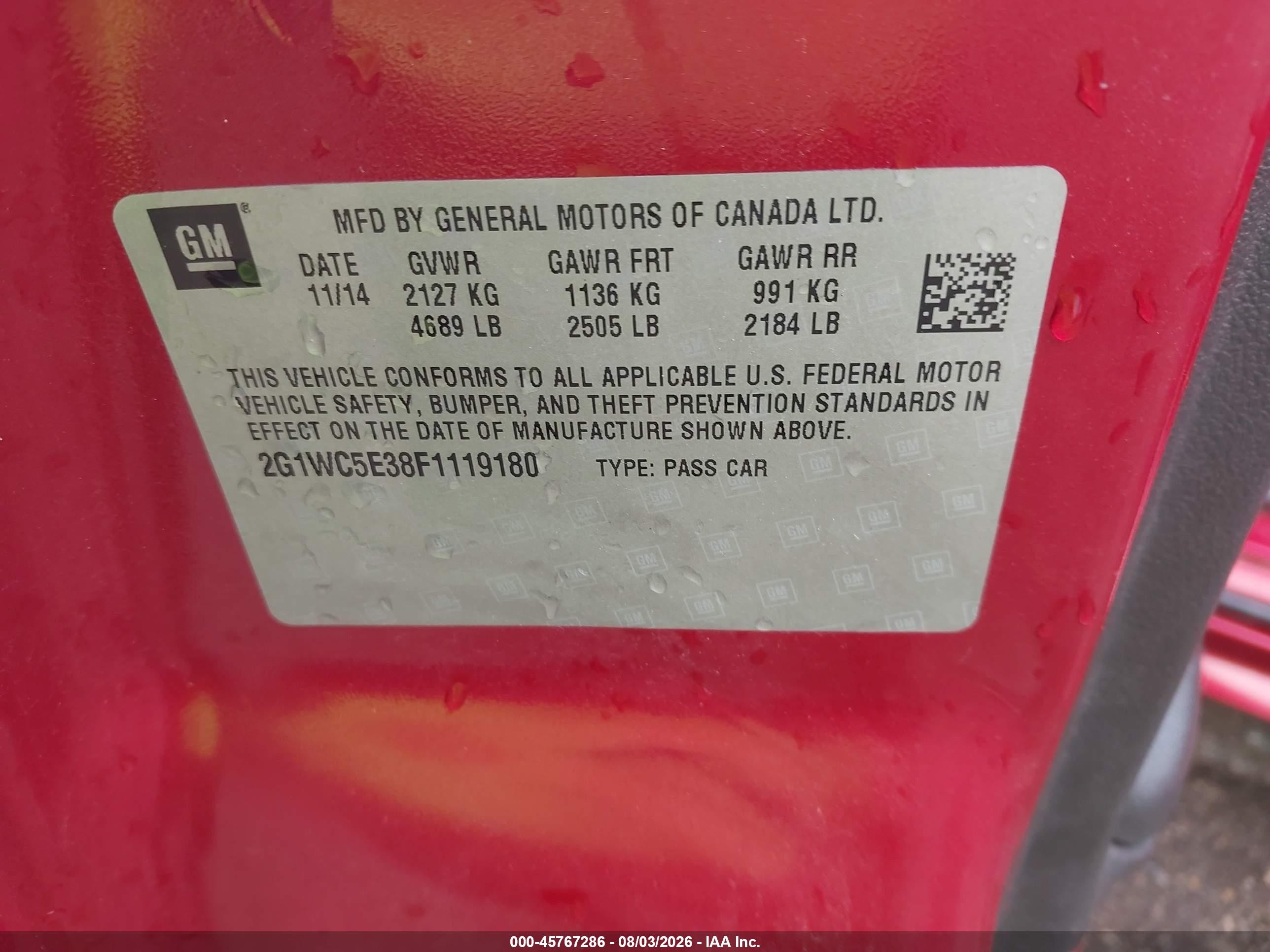 2015 Chevrolet Impala Limited Ltz Red vin: 2G1WC5E38F1119180