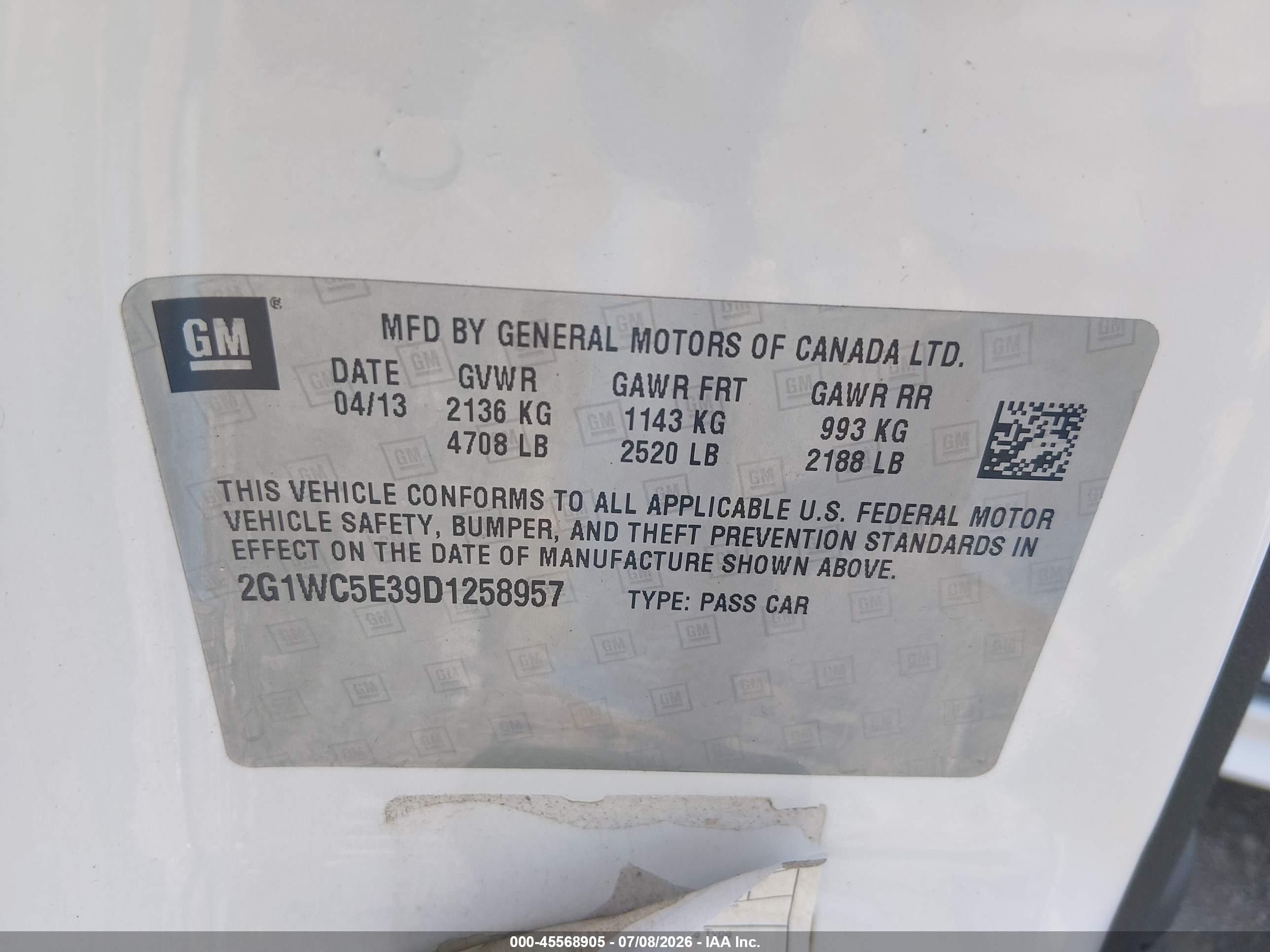 2013 Chevrolet Impala Ltz White vin: 2G1WC5E39D1258957