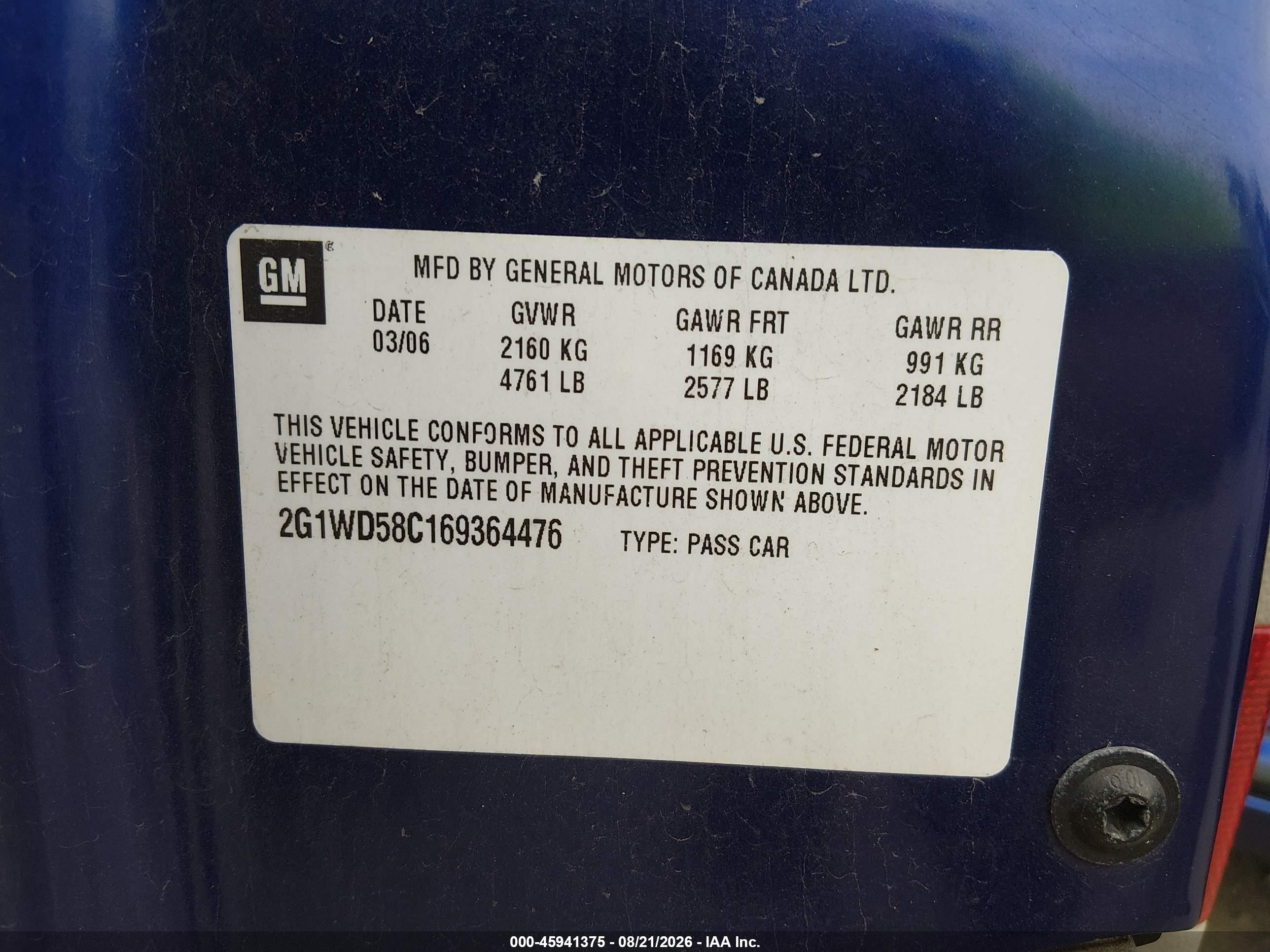 2006 Chevrolet Impala Ss Blue vin: 2G1WD58C169364476