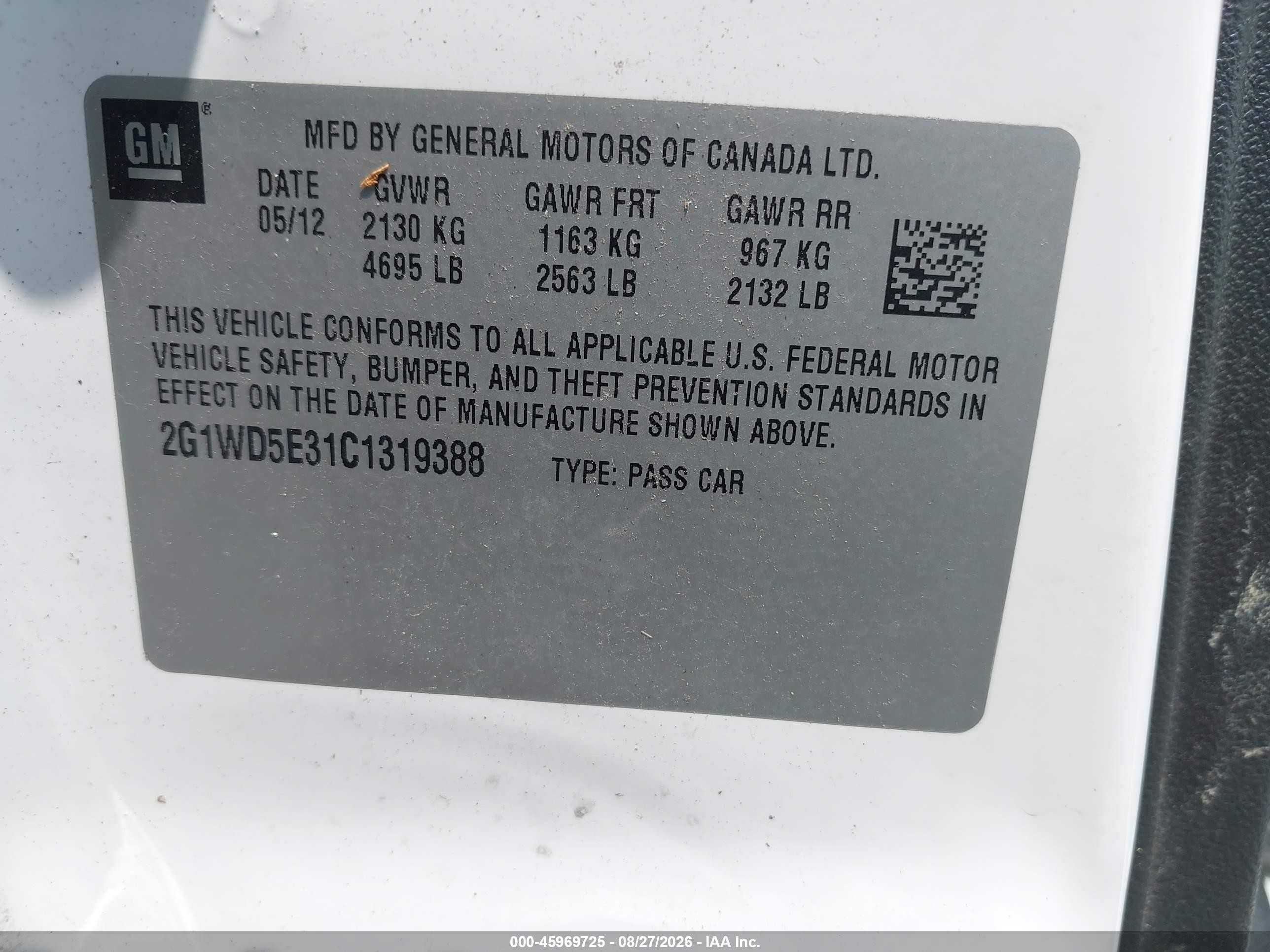 2012 Chevrolet Impala Police White vin: 2G1WD5E31C1319388