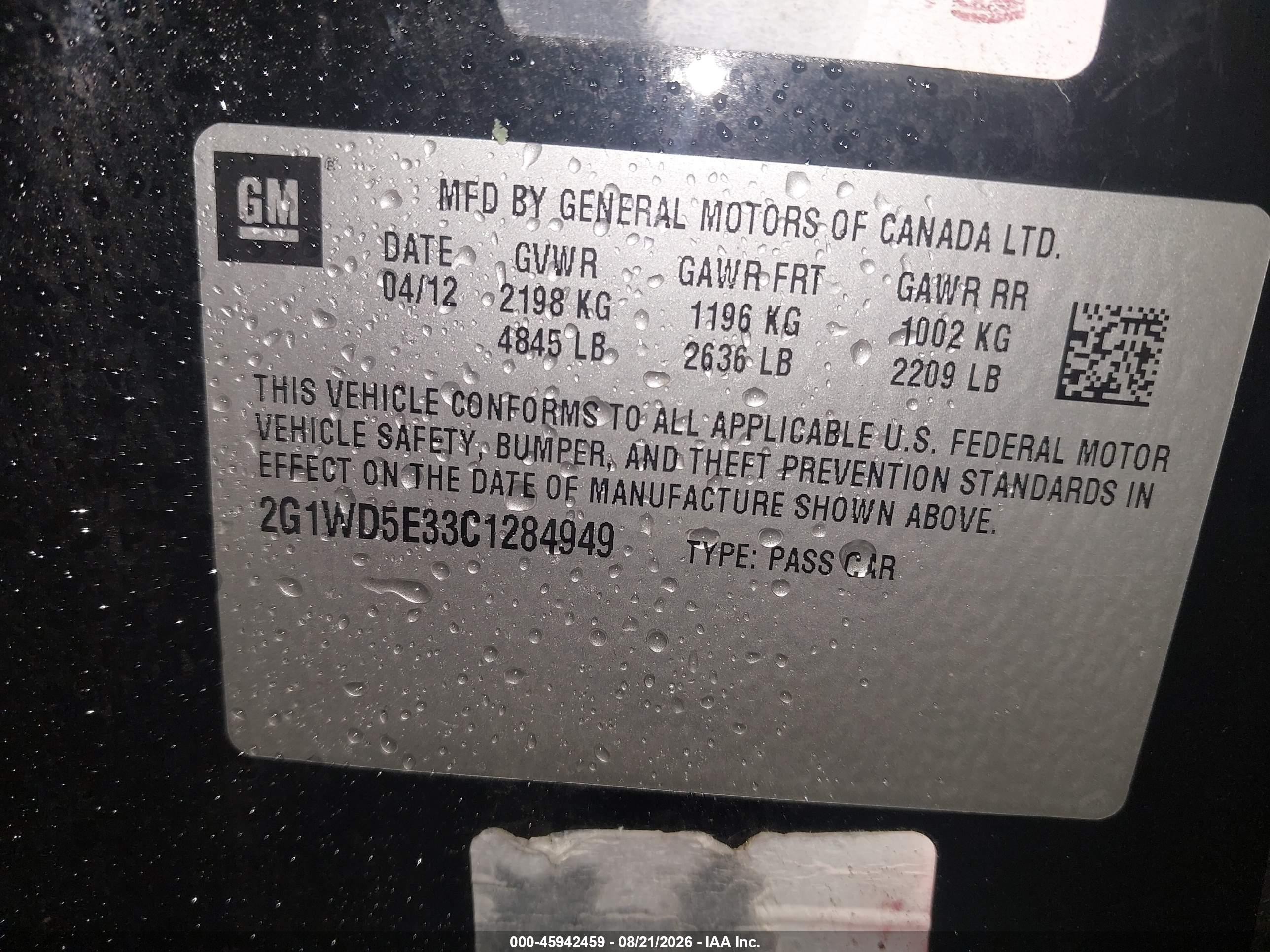 2012 Chevrolet Impala Police Black vin: 2G1WD5E33C1284949