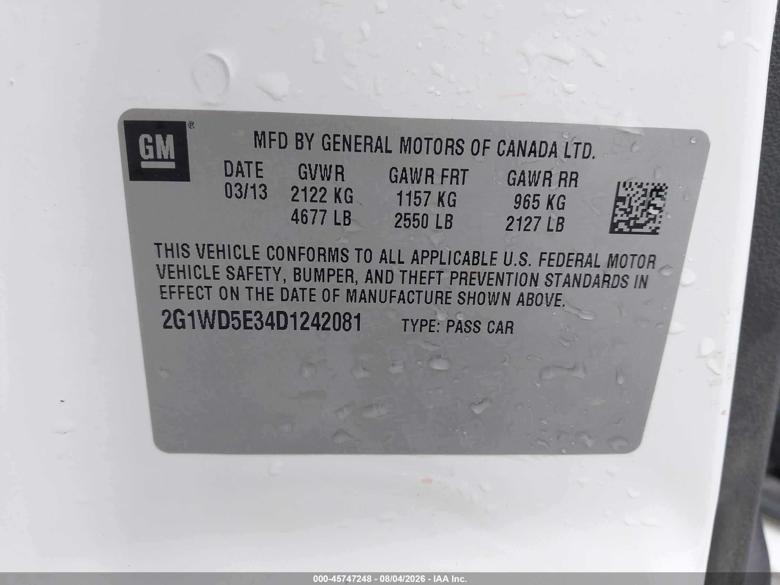 2013 Chevrolet Impala Police White vin: 2G1WD5E34D1242081