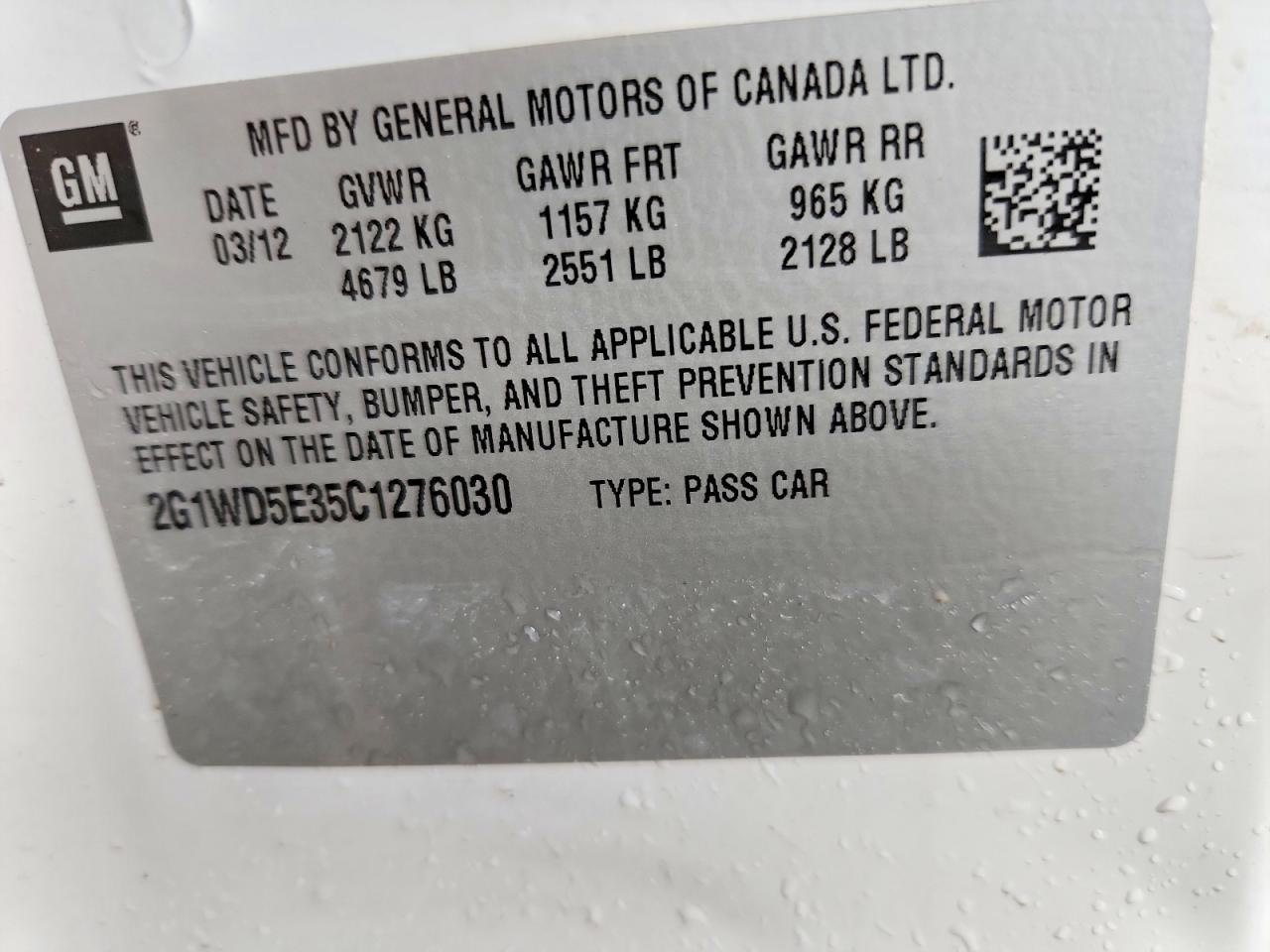 2012 Chevrolet Impala Police White vin: 2G1WD5E35C1276030