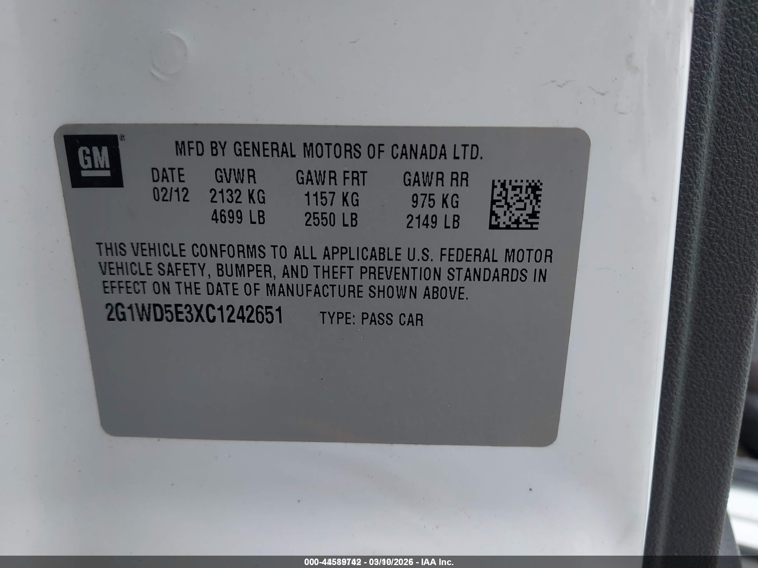 2012 Chevrolet Impala Police White vin: 2G1WD5E3XC1242651