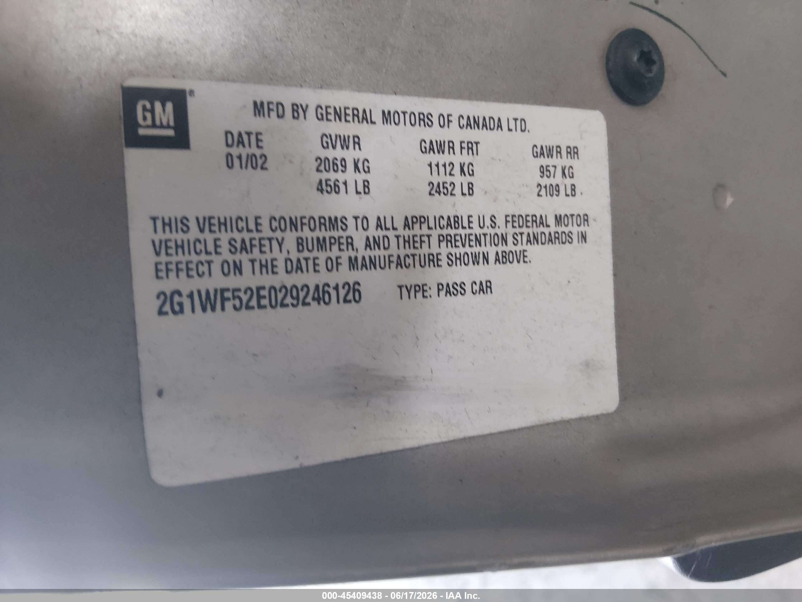 2002 Chevrolet Impala   Gold vin: 2G1WF52E029246126