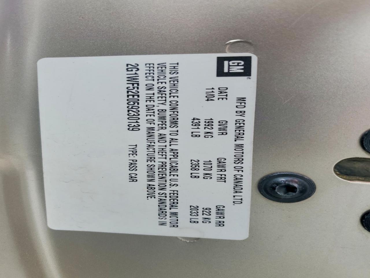2005 Chevrolet Impala Gold vin: 2G1WF52E059230139