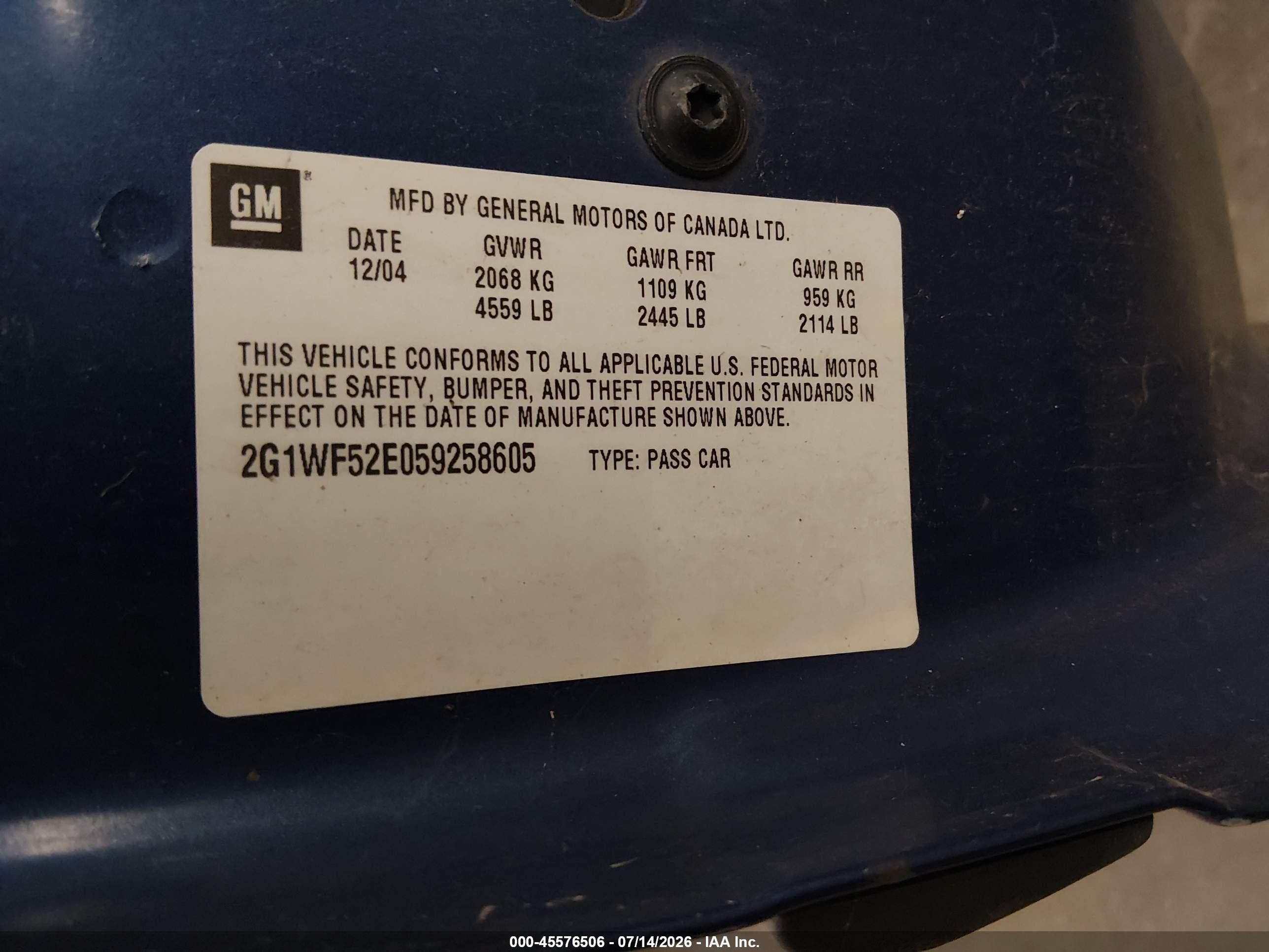 2005 Chevrolet Impala   Blue vin: 2G1WF52E059258605
