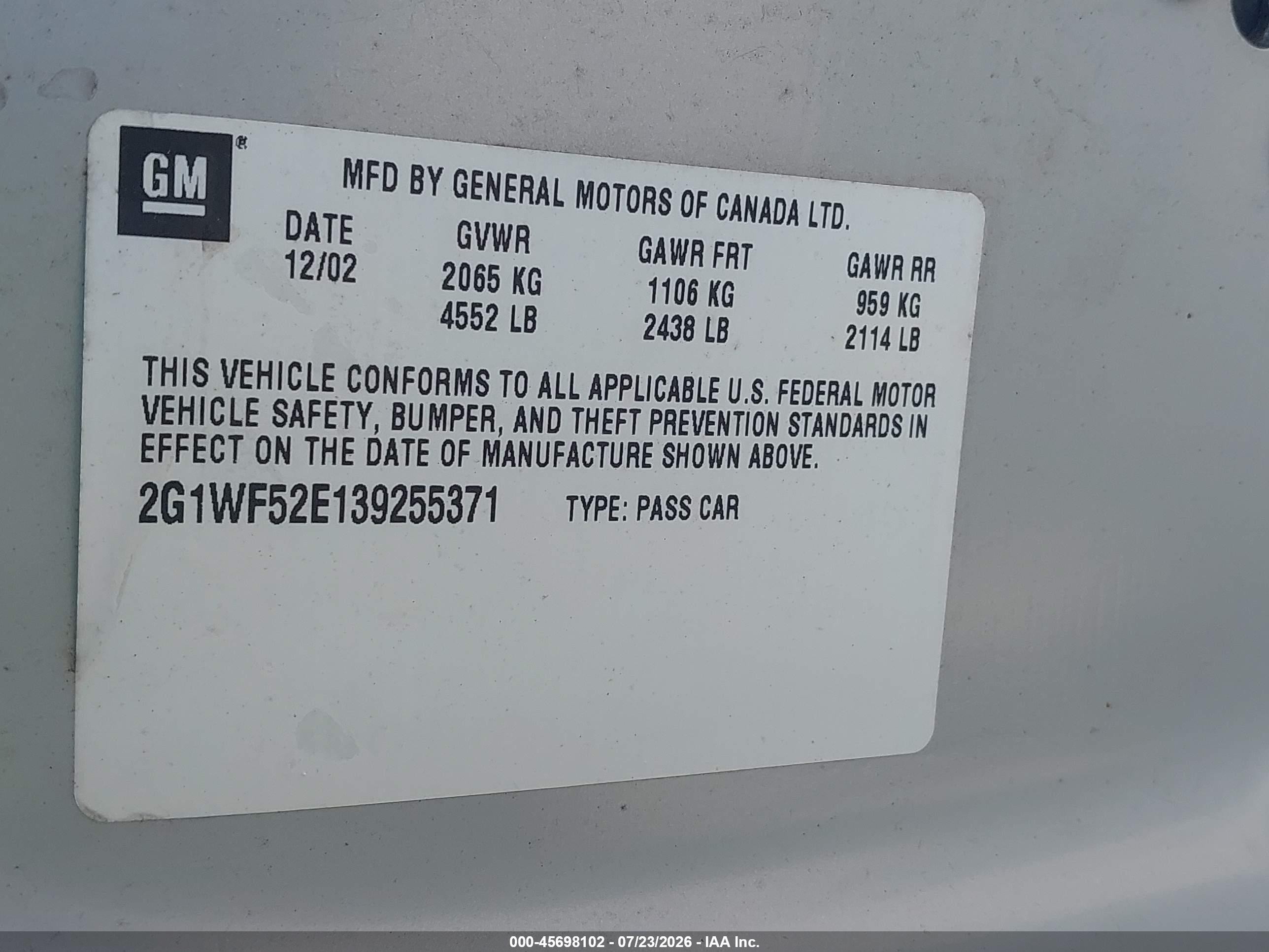 2003 Chevrolet Impala   Белый vin: 2G1WF52E139255371