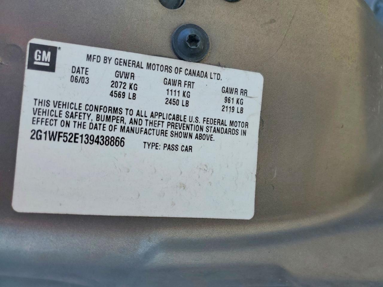 2003 Chevrolet Impala Tan vin: 2G1WF52E139438866