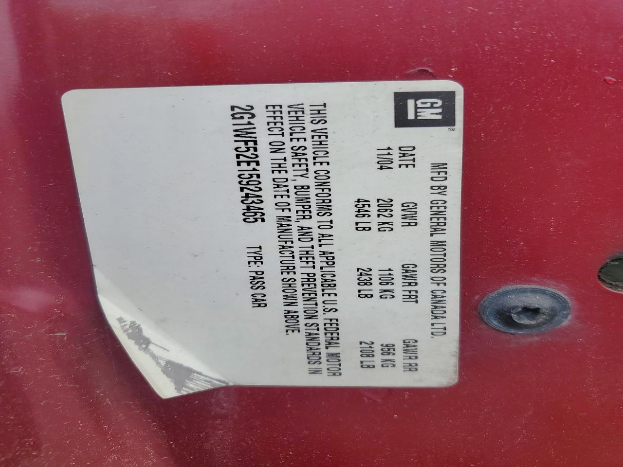 2005 Chevrolet Impala Red vin: 2G1WF52E159243465