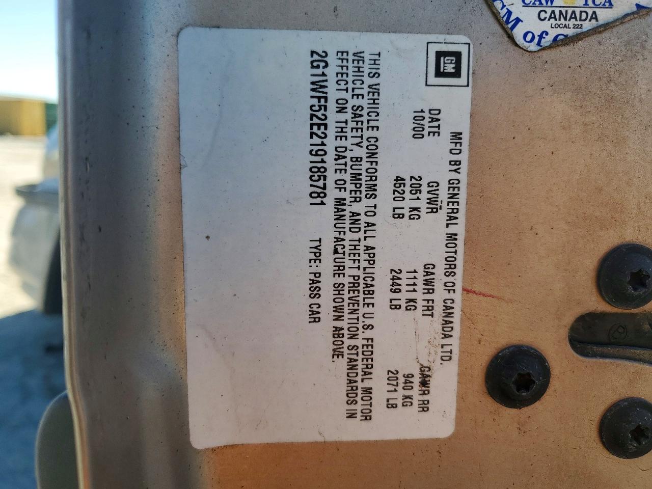 2001 Chevrolet Impala Золотой vin: 2G1WF52E219185781